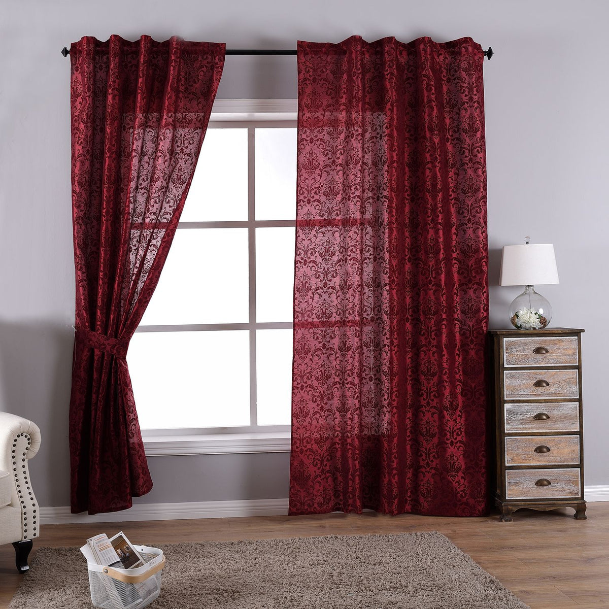 Vorhang Wildseide Optik blickdicht Flockfasern Deko gemustert, blickdicht mit verdecktem Schlaufenband 20200-20210 Bordeaux Barock 2er Set HxB 245x140 cm Vorhang 20200-20210bordeaux_barock-2er | girdainenbox.com