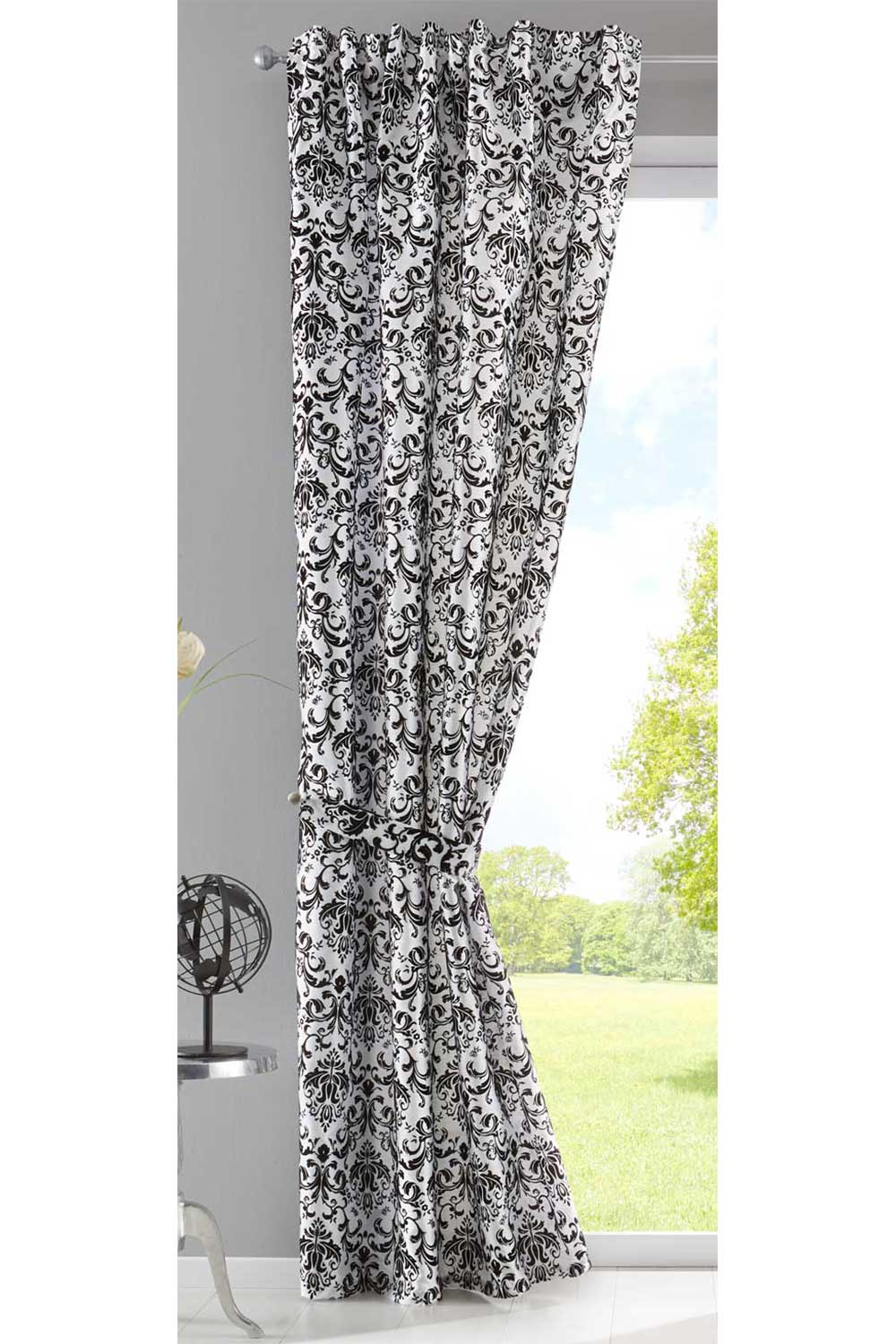 Vorhang Wildseide Optik blickdicht Flockfasern Deko gemustert, blickdicht mit verdecktem Schlaufenband 20200-20210 Weiß Schwarz Barock 1er Set HxB 245x140 cm Vorhang 20200-20210weiss_schwarz_barock | girdainenbox.com