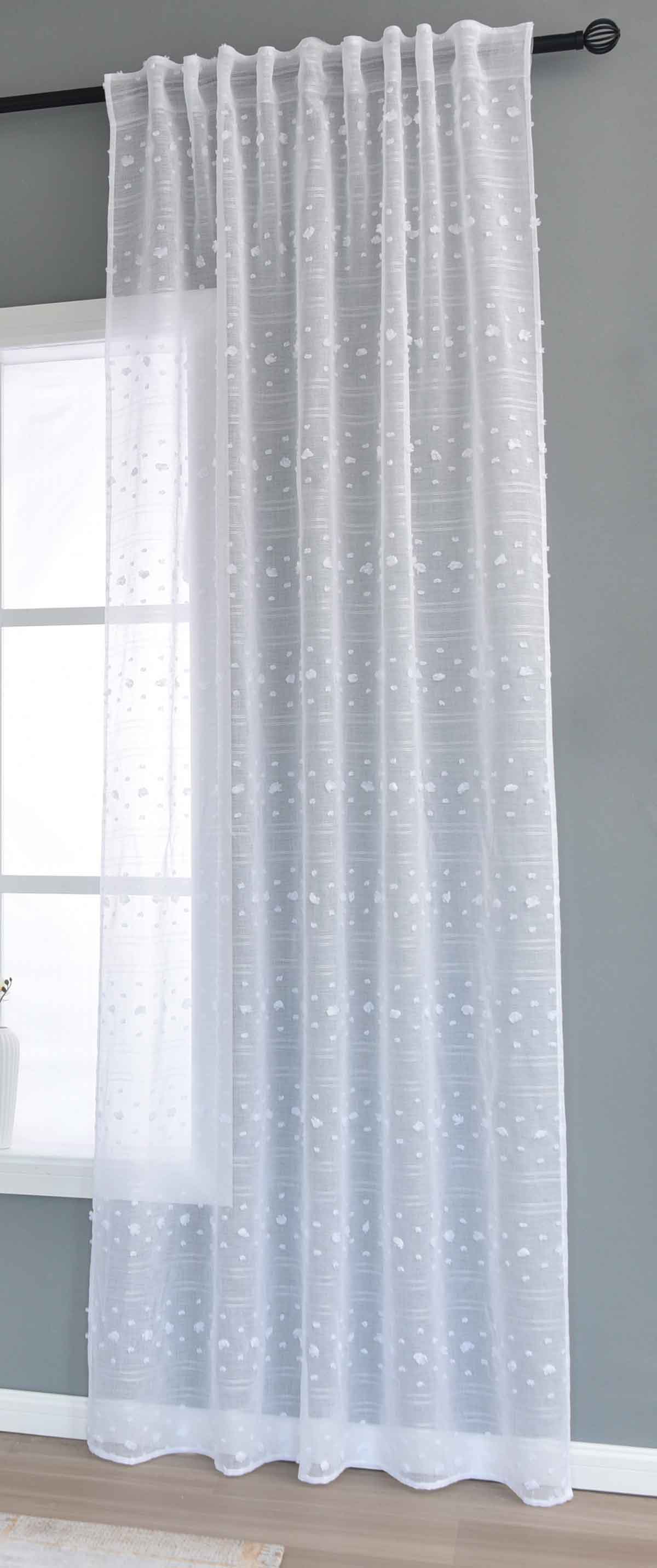 Gardine »VALENCIA« Multiband Aufhängung Scherli Transparent Leinen-Optik 2023400-408S Natur Pompom Gardinenschal 2023400-408Snatur_pompom | girdainenbox.com