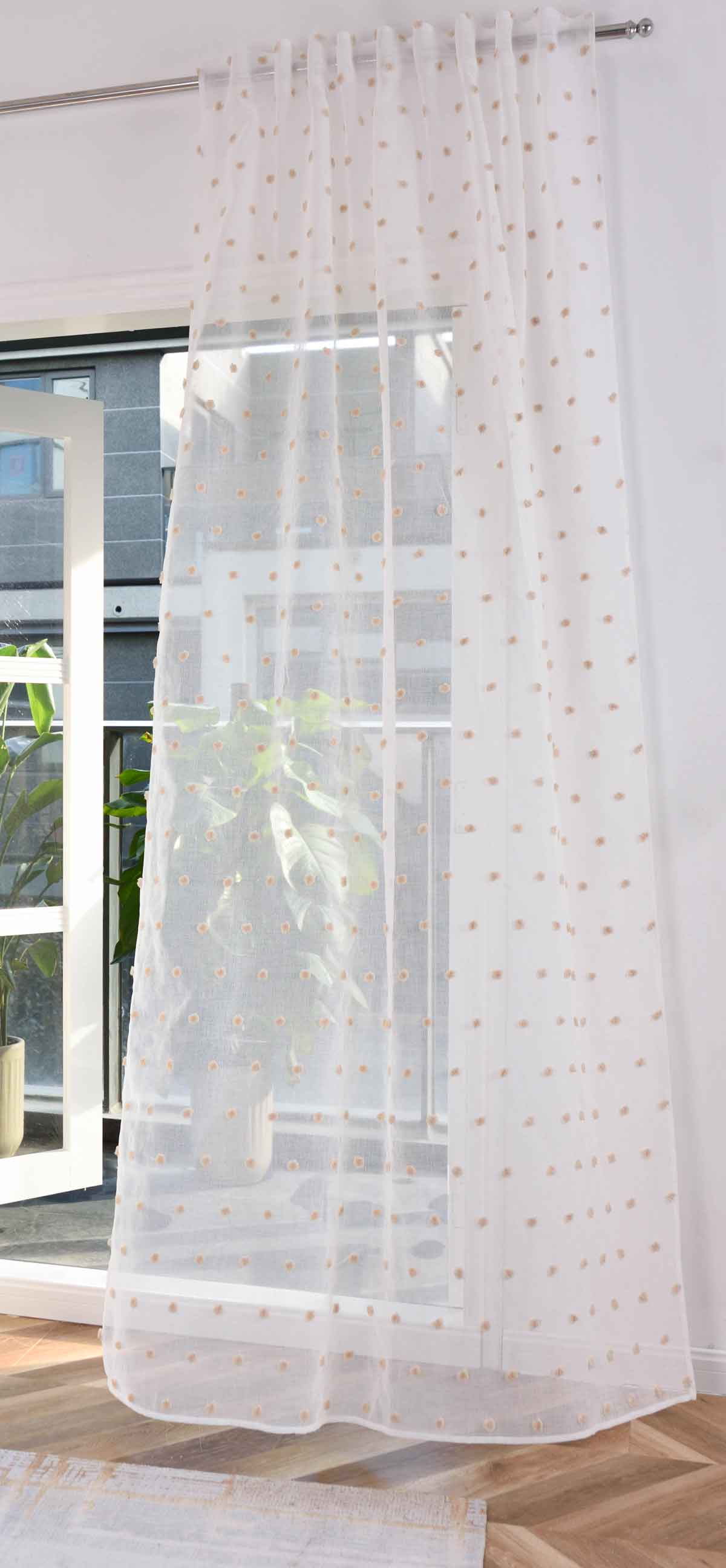 Gardine »VALENCIA« Multiband Aufhängung Scherli Transparent Leinen-Optik 2023400-408S Natur Taupe Pompom Gardinenschal 2023400-408Snatur_taupe_pompom | girdainenbox.com