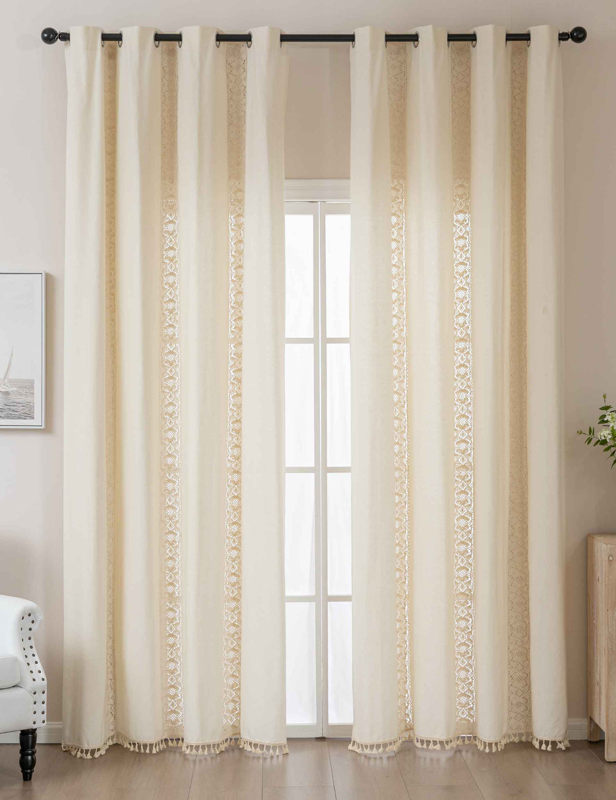 2er Set Vorhang Ösen »Osaka« HxB 245x140 cm Creme 100% Baumwolle Linenlook Makrameespitze Bommeln Raffhalter Gardinen Vorhang 2024130-2creme | girdainenbox.com