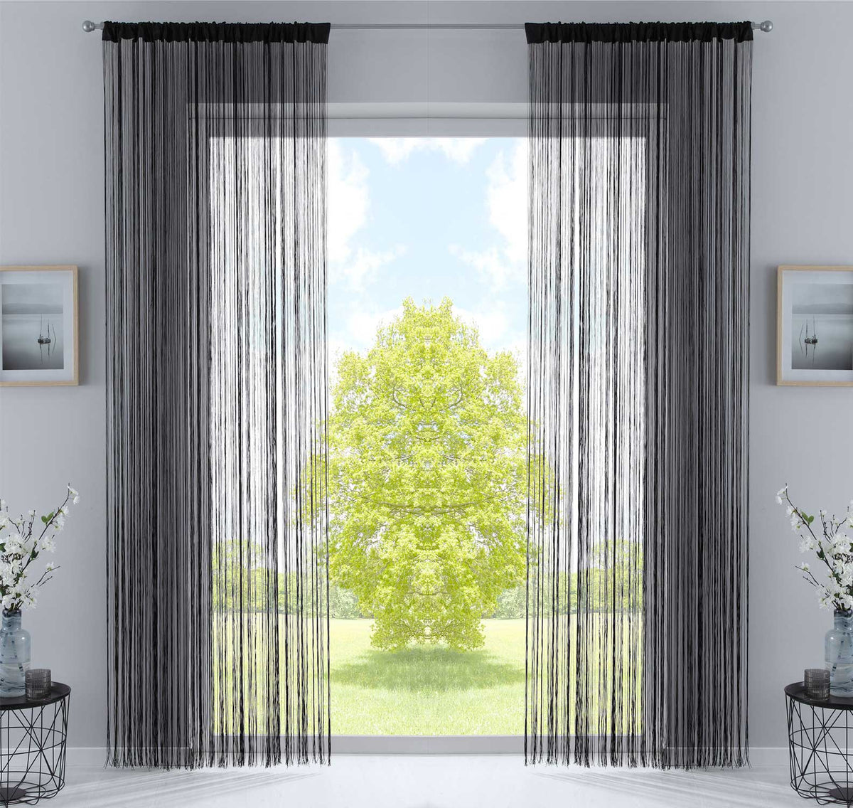 2er Set Fadengardine mit Tunneldurchzug und eingenähtem Kräuselband, geeignet für Gardinenstangen und Gardinenschienen Fadenvorhänge Fadenstores Raumteiler 20303CN2 Schwarz HxB 270x140 cm Fadengardine 20303CN2schwarz_11170628-6258-424f-b852-c141e9e44434 | girdainenbox.com