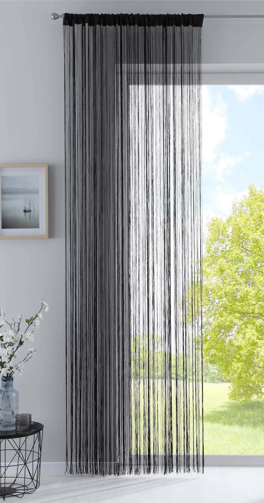Fadengardine mit Tunneldurchzug und eingenähtem Kräuselband, geeignet für Gardinenstangen und Gardinenschienen Fadenvorhang Fadenstore Raumteiler 20303CN Schwarz HxB 270x140 cm Fadengardine 20303CNschwarz_c713438c-a4ac-44b8-8504-b2fb8c7035aa | girdainenbox.com