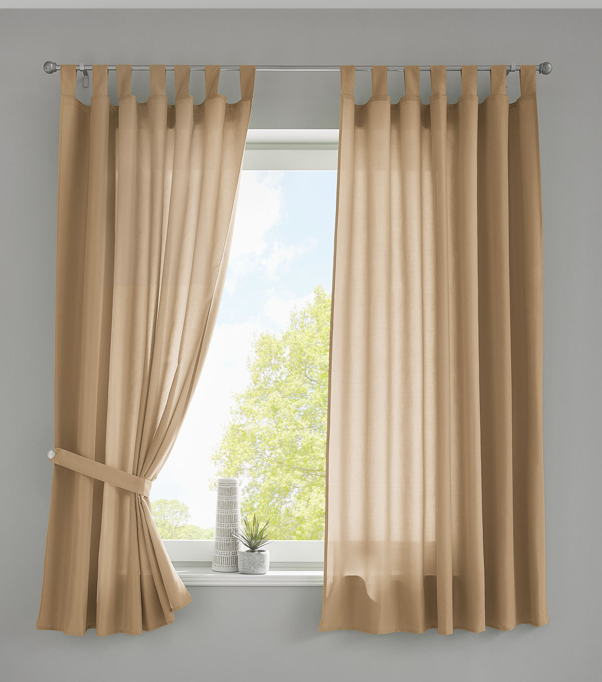 2er Set Vorhänge Schal Schlaufen »Berlin« Microsatin Lichtdurchlässig Kräuselband Uni Matt 20400N2 Sand HxB 175x140 cm Vorhang 20400N2sand-175_2 | girdainenbox.com