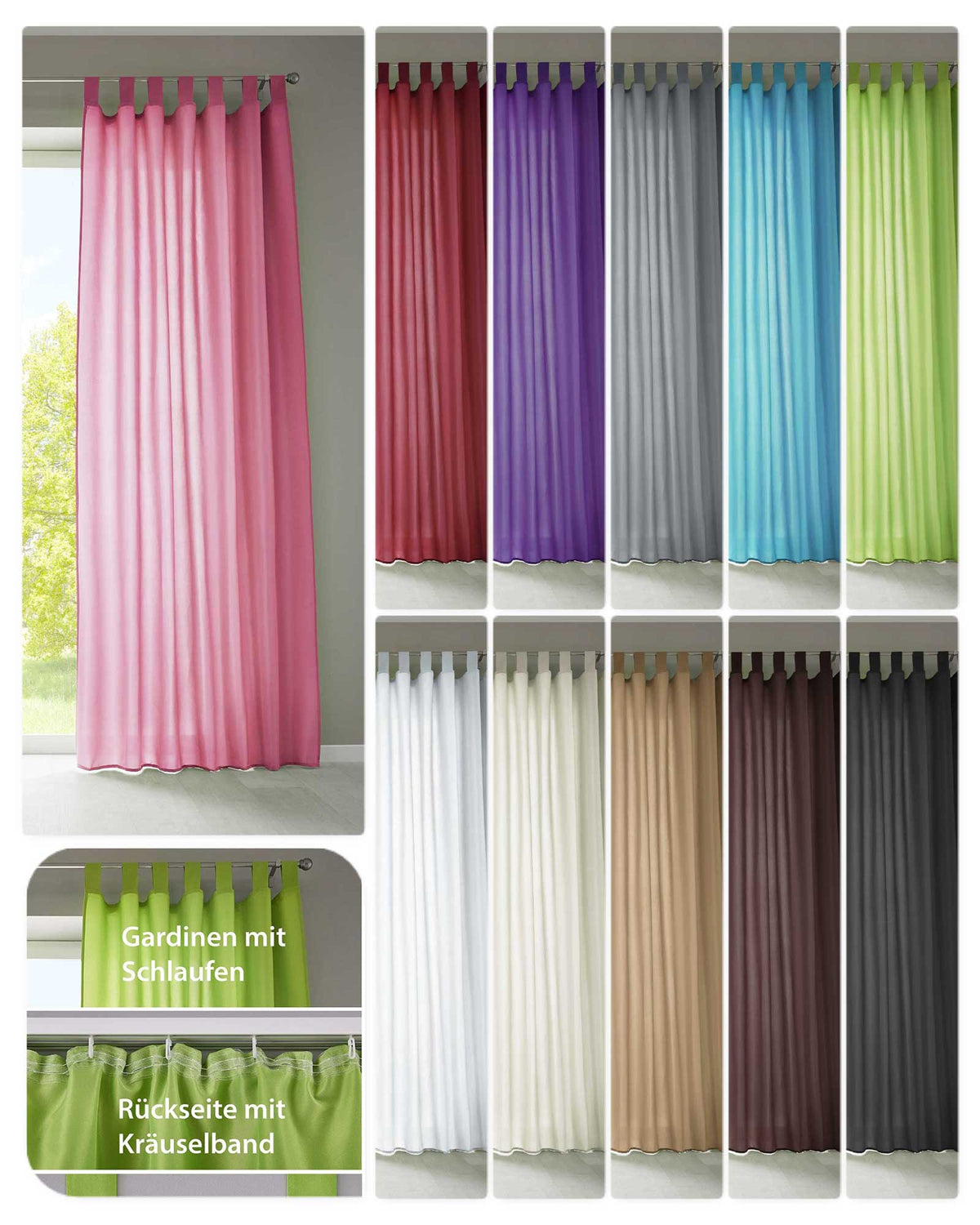 1er Set Vorhang Schal Schlaufen »Berlin« Microsatin Lichtdurchlässig Kräuselband Uni Matt 20400N Gardinenschal 20400Nvar | girdainenbox.com