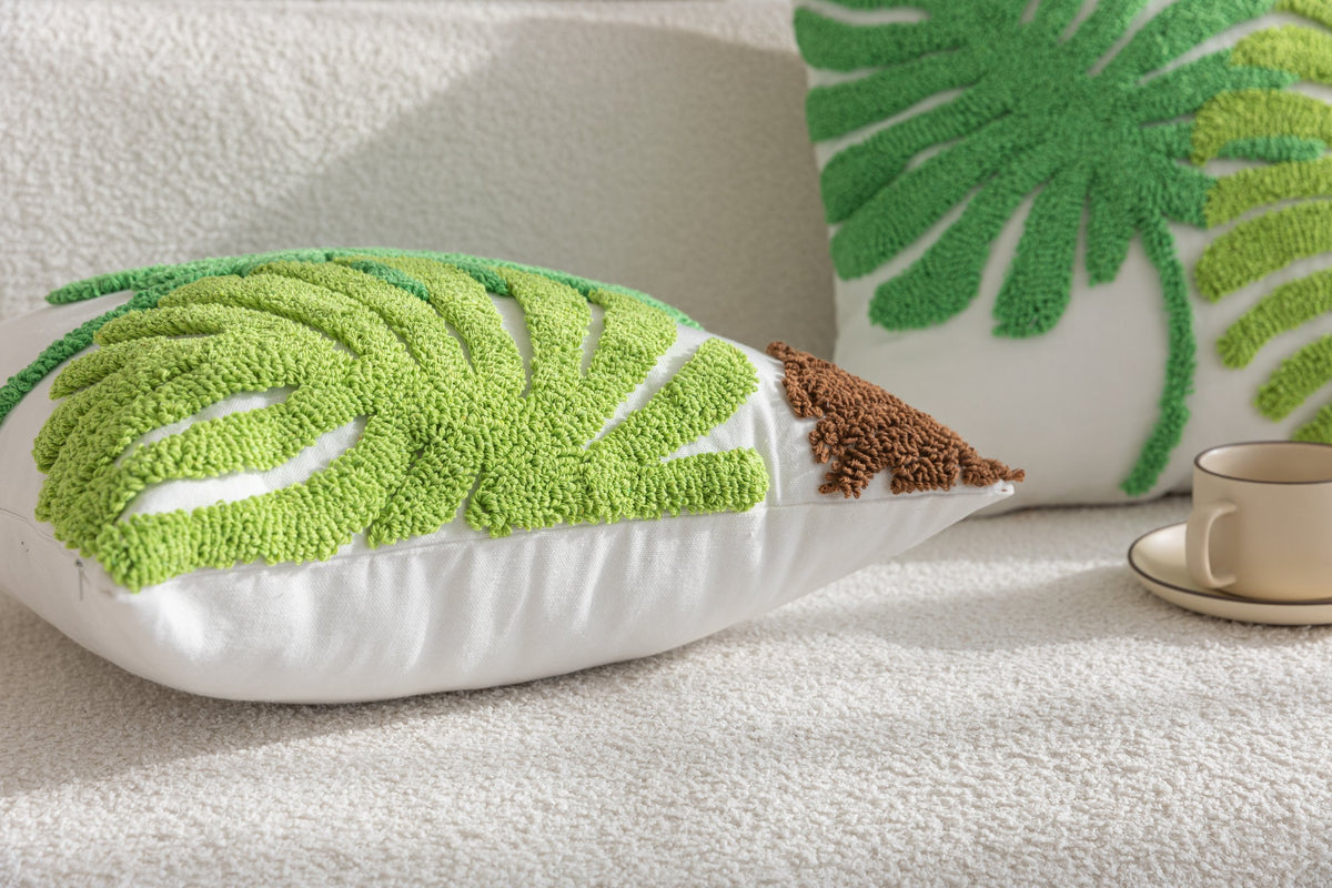 Kissenhülle »Cottbus« LxB 45x45 cm Grün Frottee-Stickerei 100% Baumwolle Monstera Blattmuster hochwertiger Leinenstoff 202490K Kissenhülle 3F3A3683 | girdainenbox.com