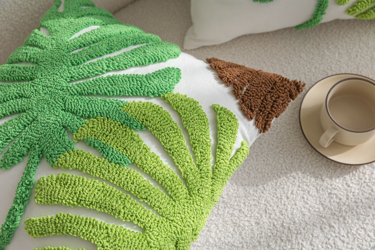 Kissenhülle »Cottbus« LxB 45x45 cm Grün Frottee-Stickerei 100% Baumwolle Monstera Blattmuster hochwertiger Leinenstoff 202490K Kissenhülle 3F3A3684 | girdainenbox.com