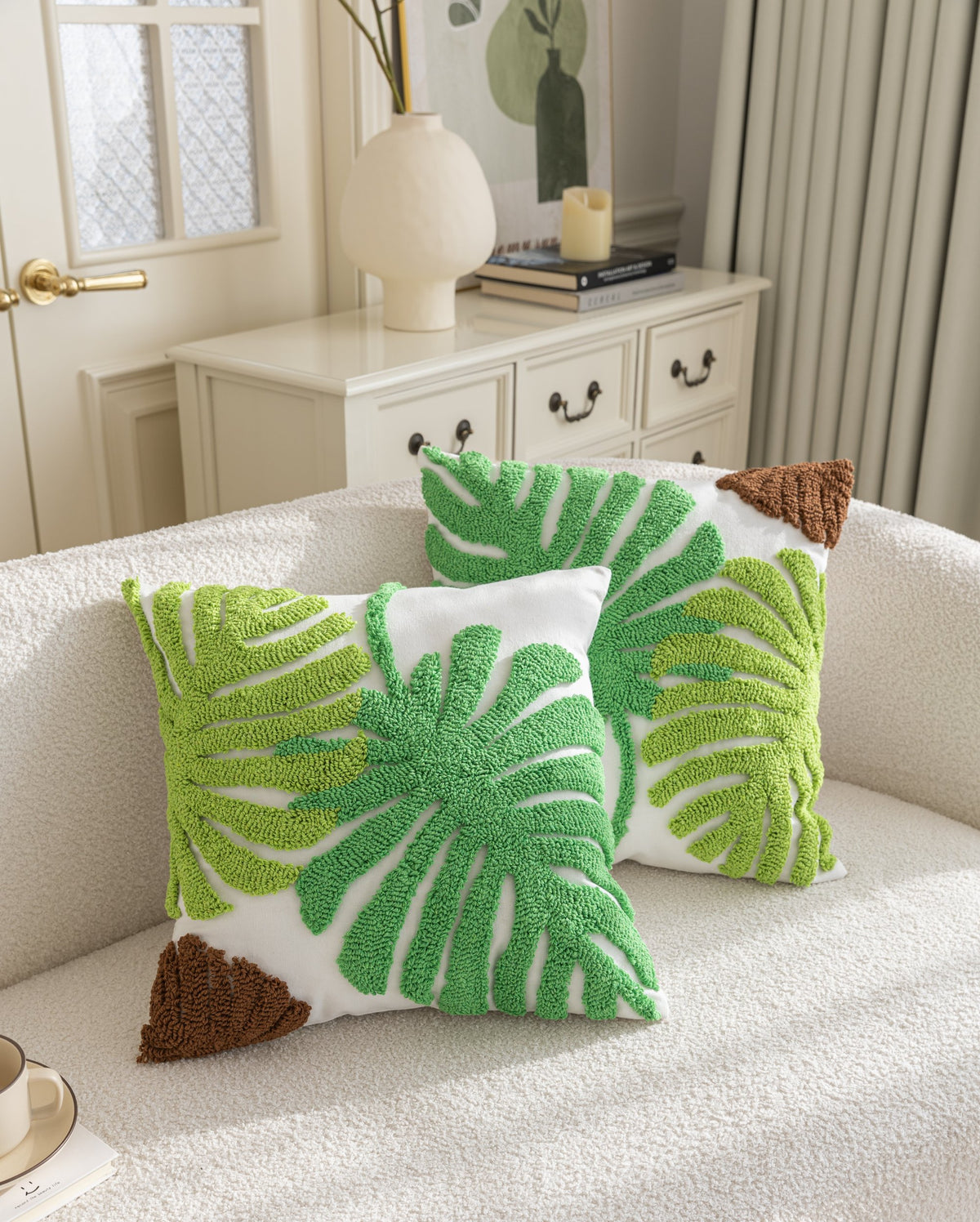 Kissenhülle »Cottbus« LxB 45x45 cm Grün Frottee-Stickerei 100% Baumwolle Monstera Blattmuster hochwertiger Leinenstoff 202490K Kissenhülle 3F3A3694 | girdainenbox.com