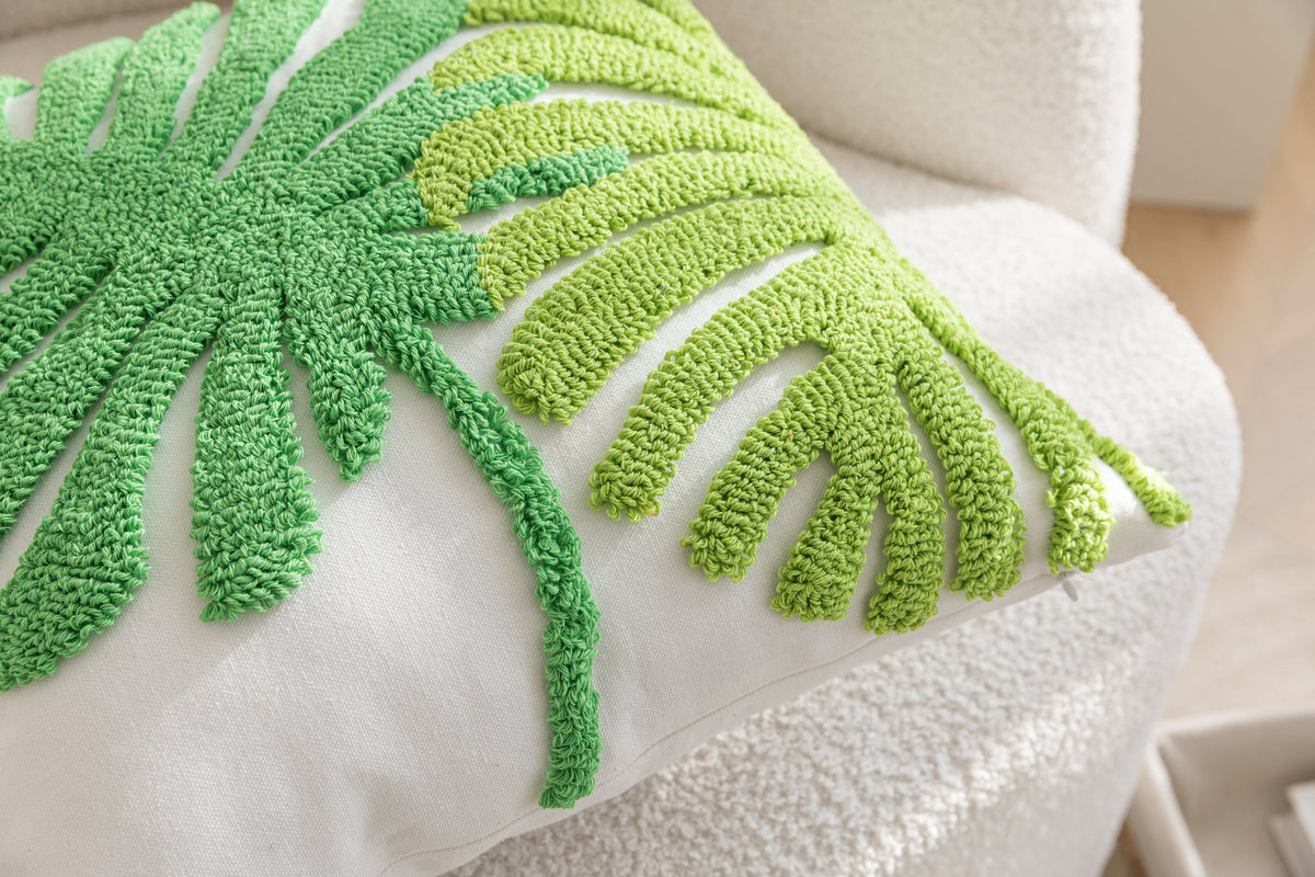 Kissenhülle »Cottbus« LxB 45x45 cm Grün Frottee-Stickerei 100% Baumwolle Monstera Blattmuster hochwertiger Leinenstoff 202490K Kissenhülle 3F3A3698 | girdainenbox.com