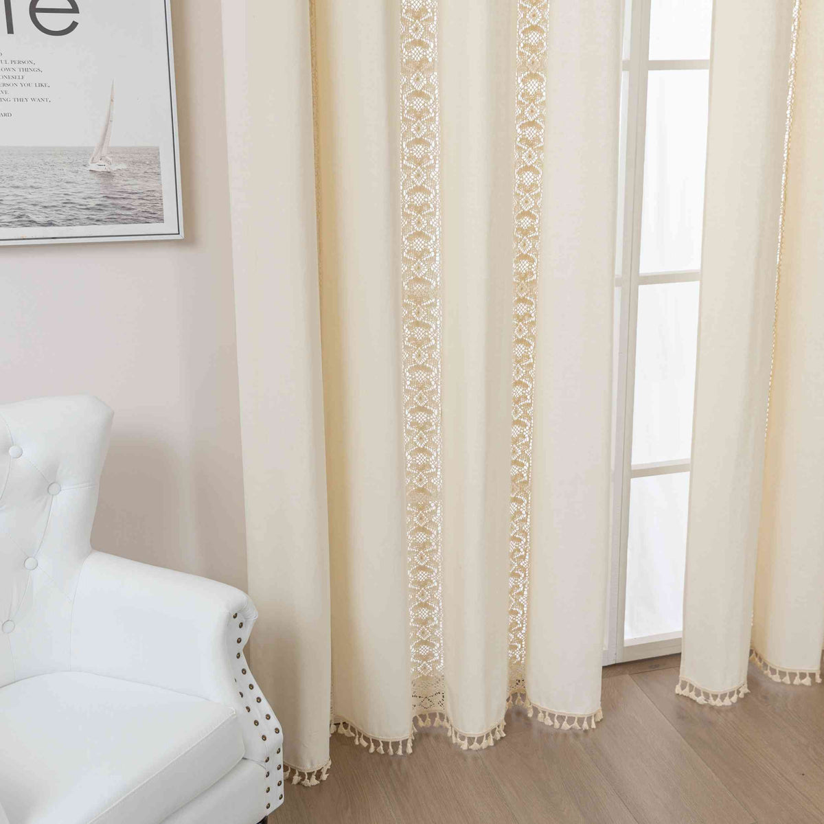 Vorhang Ösen »Osaka« HxB 245x140 cm Creme 100% Baumwolle Linenlook Makrameespitze Bommeln Raffhalter Gardinenschal 3F3A7205 | girdainenbox.com