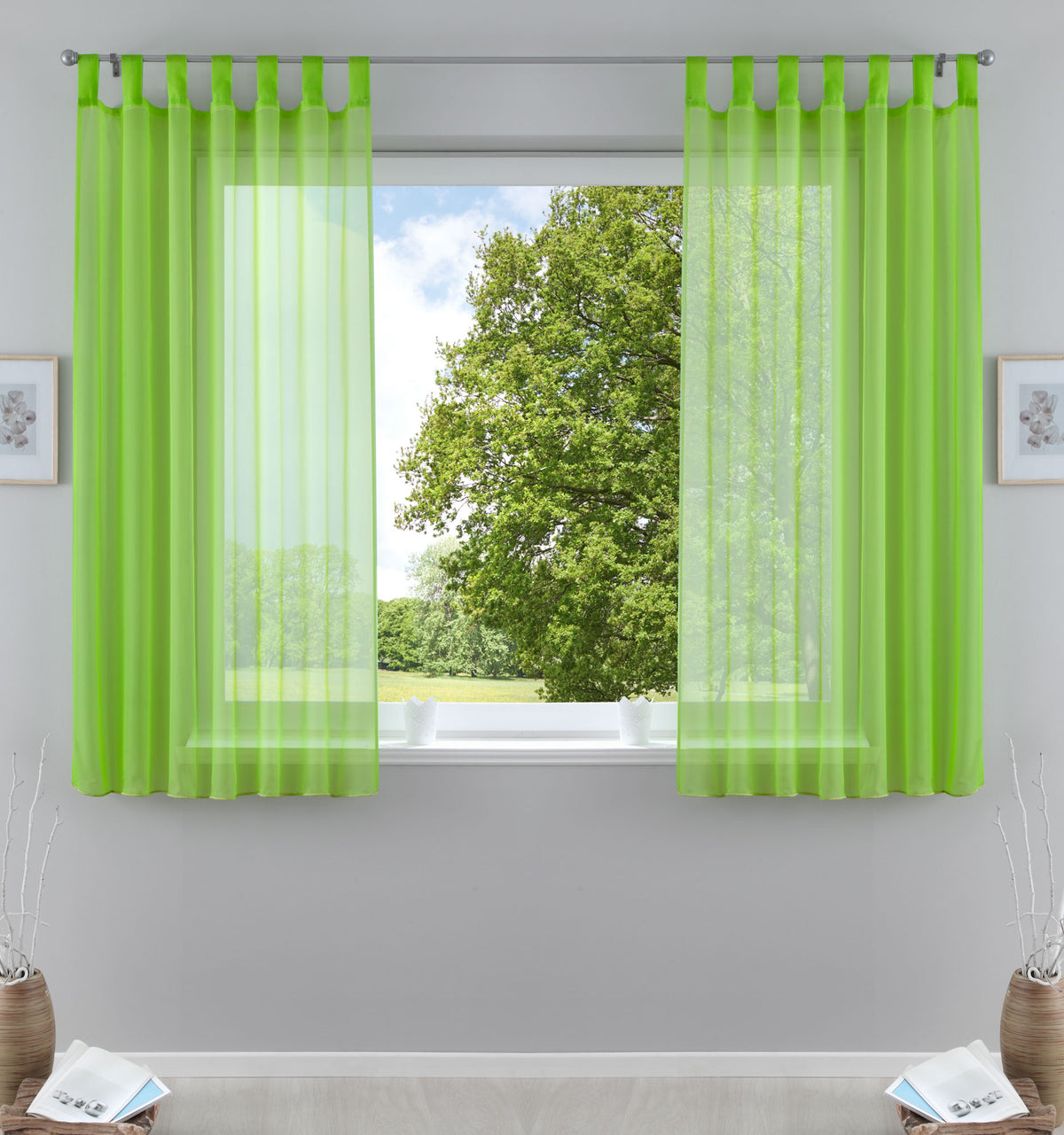 2er-Pack Gardinen Transparent Vorhang Set Wohnzimmer Voile Schlaufenschal mit Bleibandabschluß 61000CN Apfelgrün HxB 175x140 cm Gardinen Set 61000CNapfelgruen-175 | girdainenbox.com