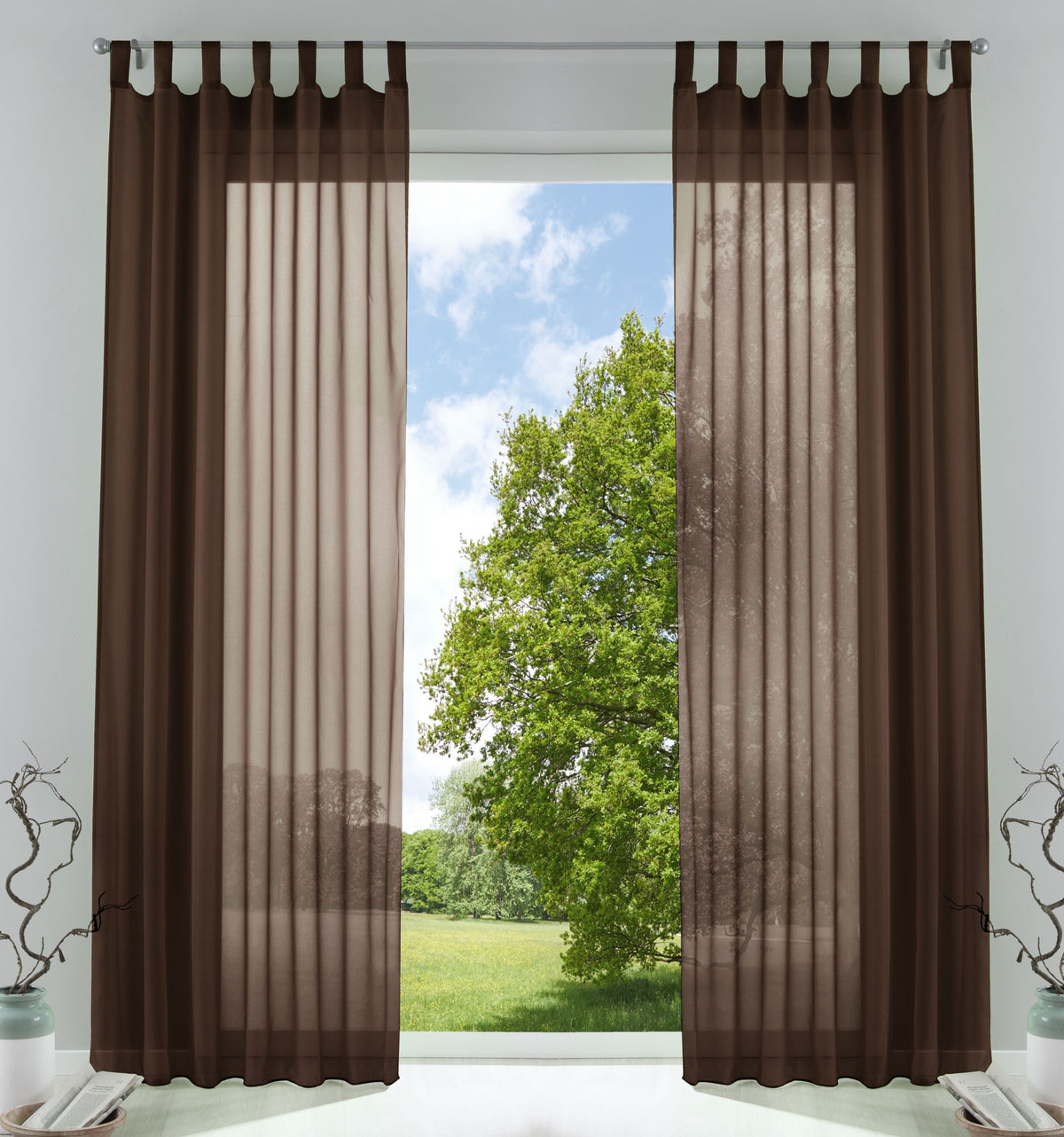 2er-Pack Gardinen Transparent Vorhang Set Wohnzimmer Voile Schlaufenschal mit Bleibandabschluß 61000CN Braun HxB 245x140 cm Gardinen Set 61000CNbraun | girdainenbox.com