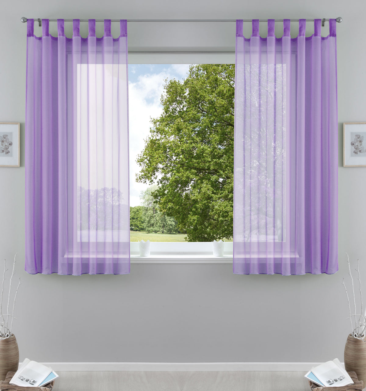 2er-Pack Gardinen Transparent Vorhang Set Wohnzimmer Voile Schlaufenschal mit Bleibandabschluß 61000CN Flieder HxB 175x140 cm Gardinen Set 61000CNflieder-175 | girdainenbox.com