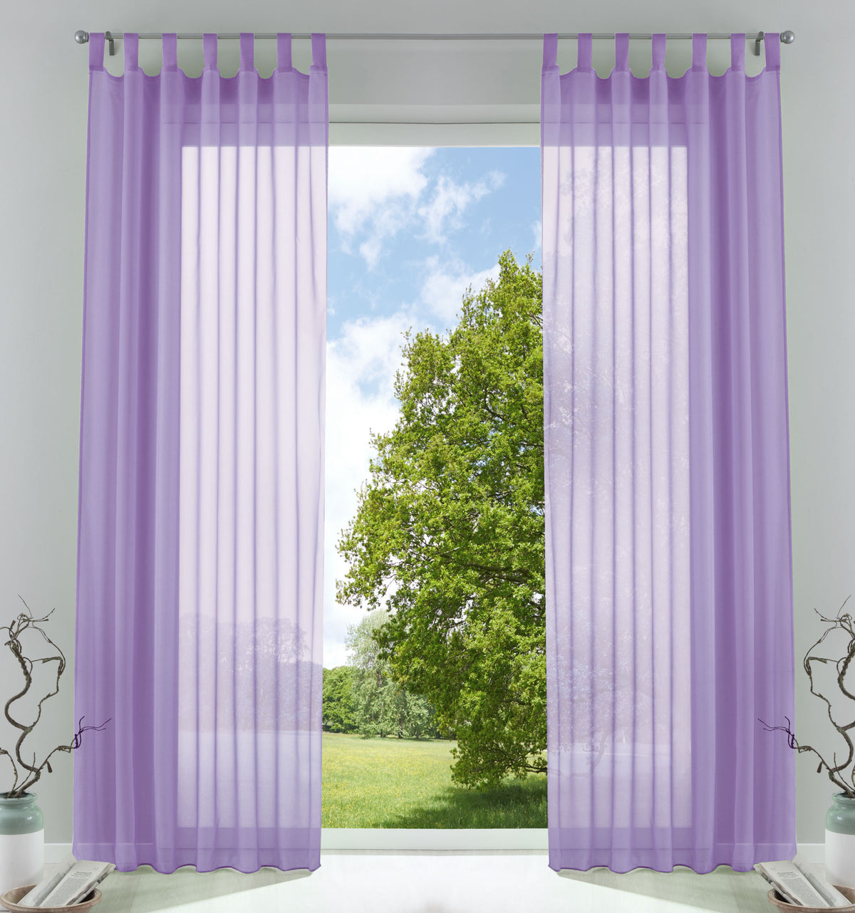 2er-Pack Gardinen Transparent Vorhang Set Wohnzimmer Voile Schlaufenschal mit Bleibandabschluß 61000CN Flieder HxB 245x140 cm Gardinen Set 61000CNflieder | girdainenbox.com