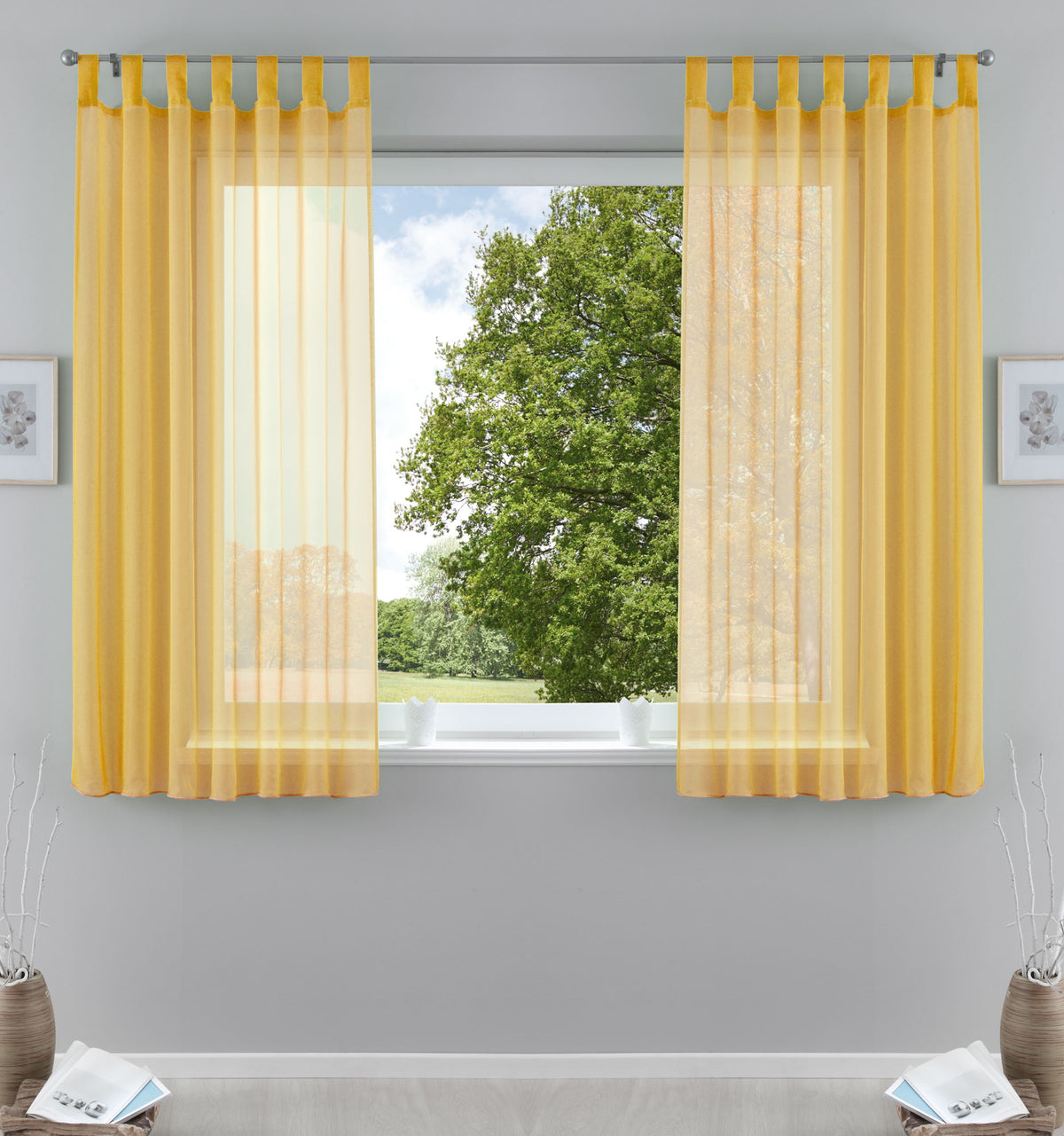 2er-Pack Gardinen Transparent Vorhang Set Wohnzimmer Voile Schlaufenschal mit Bleibandabschluß 61000CN Gelb HxB 175x140 cm Gardinen Set 61000CNgelb-175 | girdainenbox.com