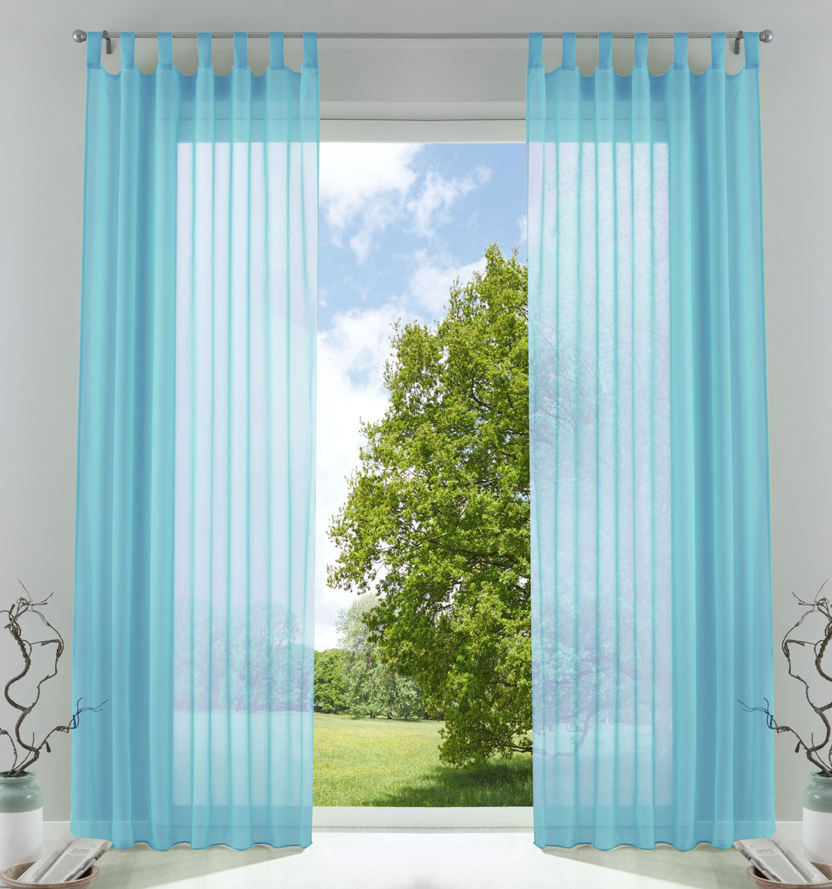 2er-Pack Gardinen Transparent Vorhang Set Wohnzimmer Voile Schlaufenschal mit Bleibandabschluß 61000CN Hellblau HxB 245x140 cm Gardinen Set 61000CNhellblau | girdainenbox.com
