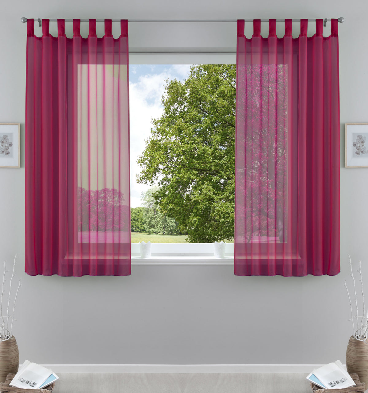 2er-Pack Gardinen Transparent Vorhang Set Wohnzimmer Voile Schlaufenschal mit Bleibandabschluß 61000CN Himbeere HxB 175x140 cm Gardinen Set 61000CNhimbeere-175 | girdainenbox.com