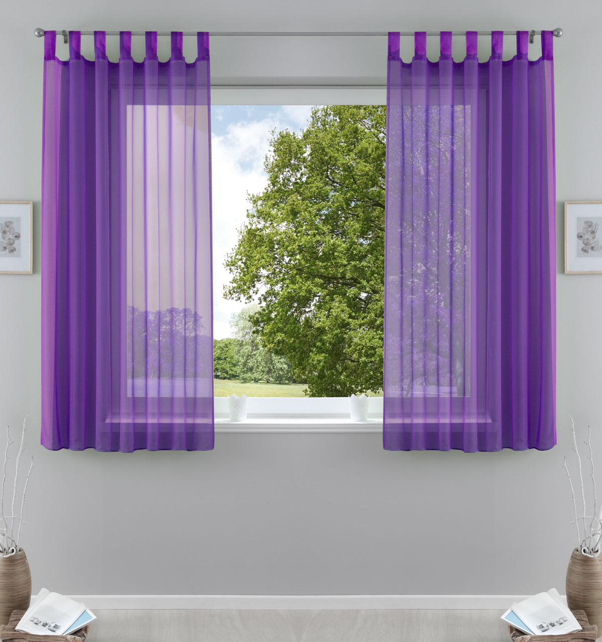 2er-Pack Gardinen Transparent Vorhang Set Wohnzimmer Voile Schlaufenschal mit Bleibandabschluß 61000CN Lila HxB 175x140 cm Gardinen Set 61000CNlila-175 | girdainenbox.com