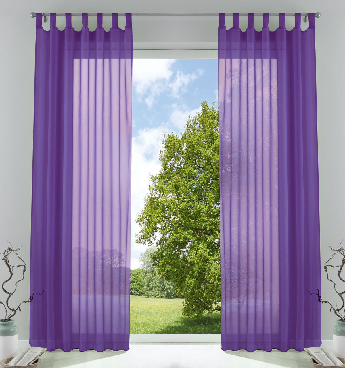 2er-Pack Gardinen Transparent Vorhang Set Wohnzimmer Voile Schlaufenschal mit Bleibandabschluß 61000CN Lila HxB 245x140 cm Gardinen Set 61000CNlila | girdainenbox.com