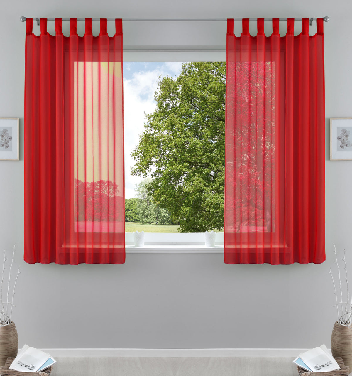 2er-Pack Gardinen Transparent Vorhang Set Wohnzimmer Voile Schlaufenschal mit Bleibandabschluß 61000CN Rot HxB 175x140 cm Gardinen Set 61000CNrot-175 | girdainenbox.com