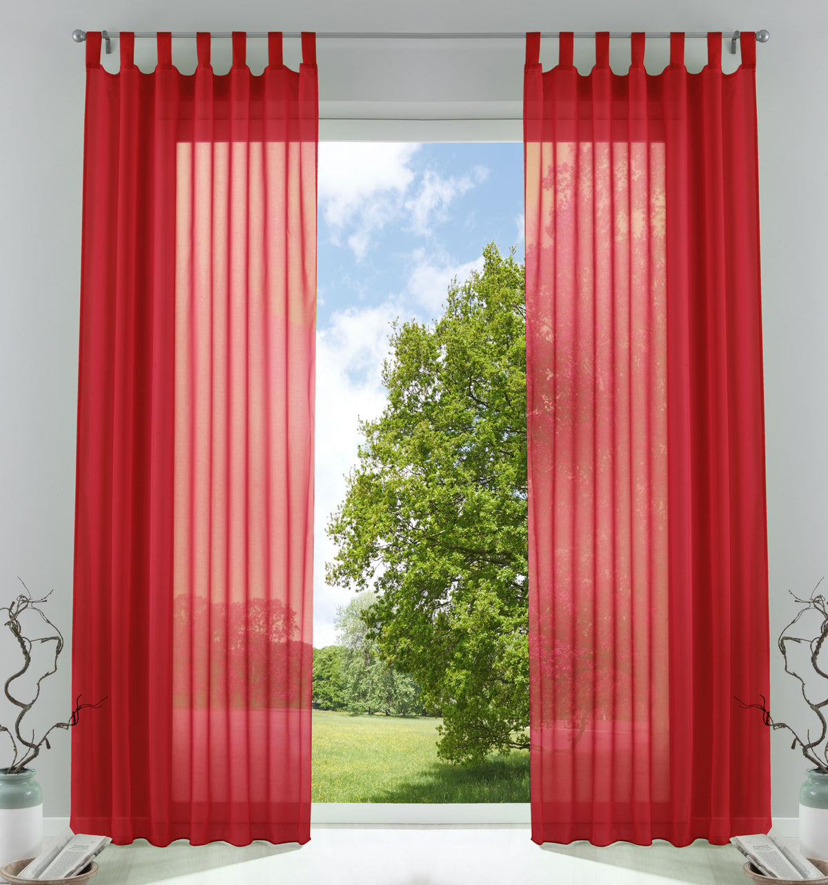 2er-Pack Gardinen Transparent Vorhang Set Wohnzimmer Voile Schlaufenschal mit Bleibandabschluß 61000CN Rot HxB 225x140 cm Gardinen Set 61000CNrot_6b849563-5fb6-4748-a709-66791b1876e6 | girdainenbox.com