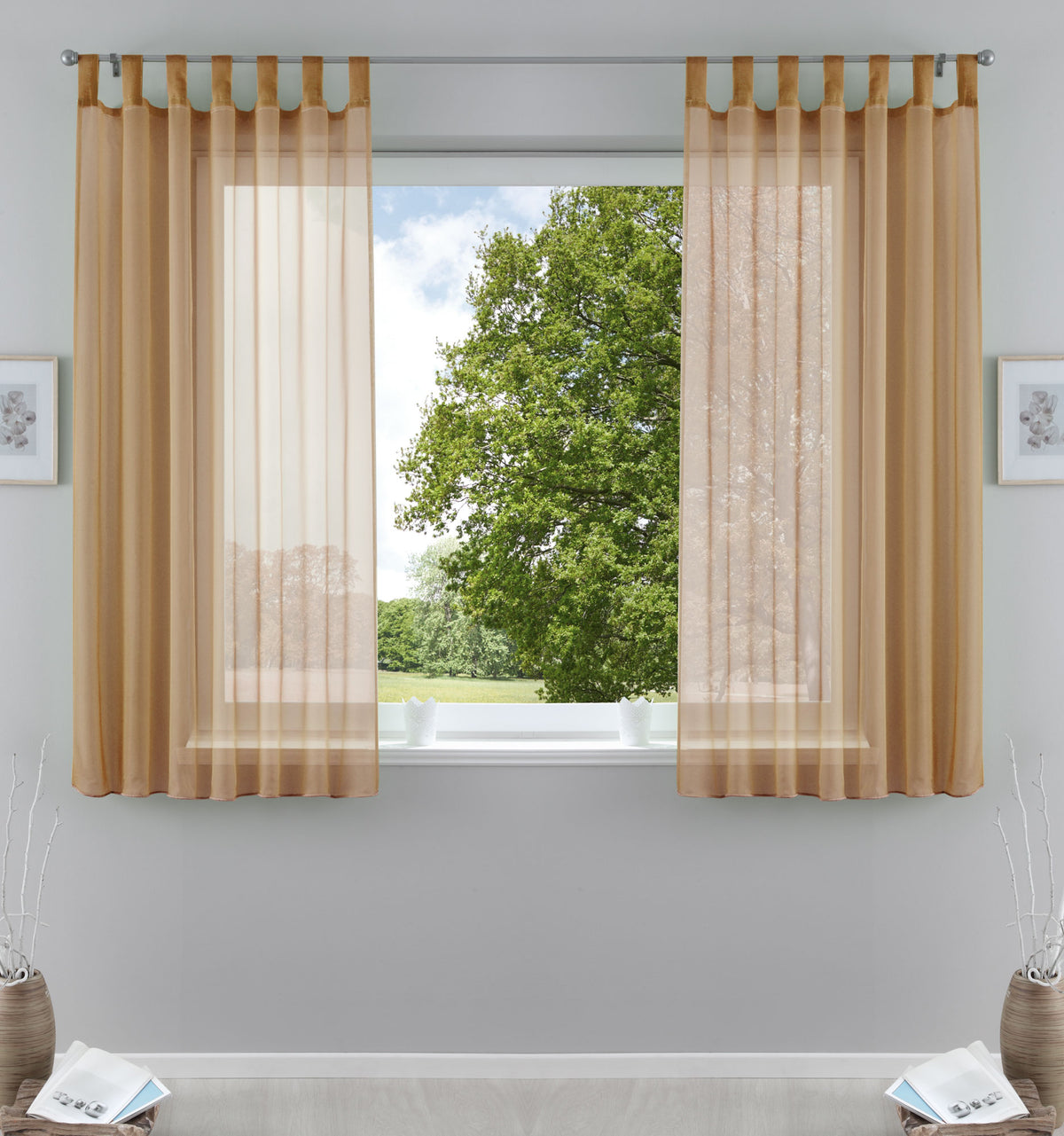 2er-Pack Gardinen Transparent Vorhang Set Wohnzimmer Voile Schlaufenschal mit Bleibandabschluß 61000CN Sand HxB 175x140 cm Gardinen Set 61000CNsand-175 | girdainenbox.com