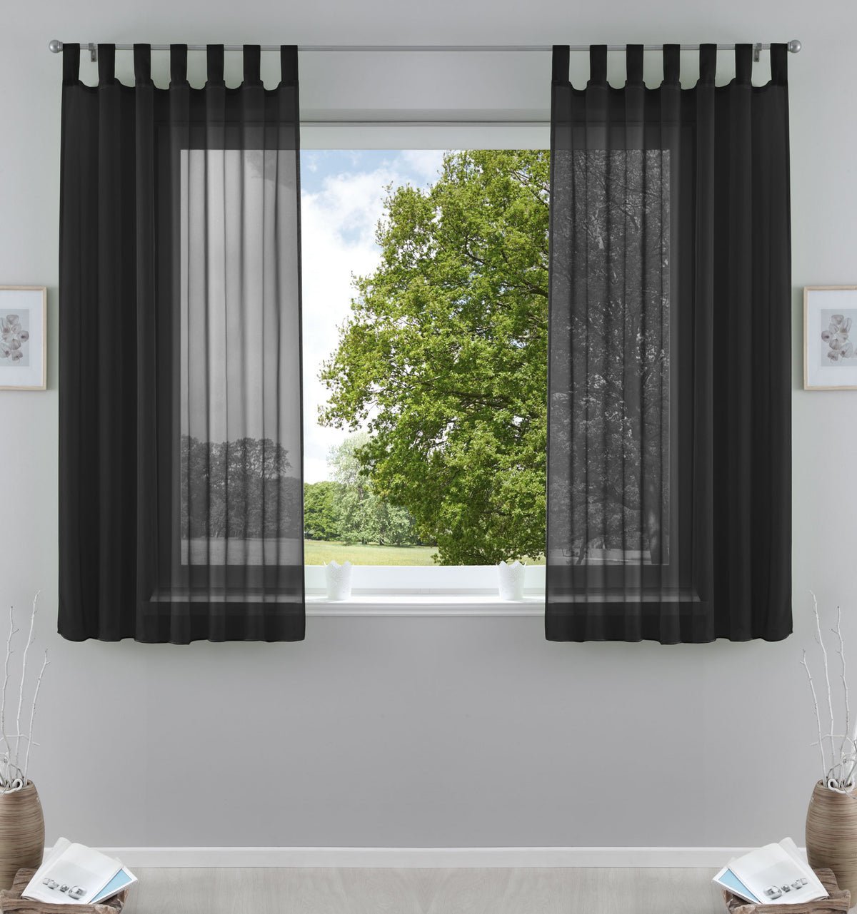 2er-Pack Gardinen Transparent Vorhang Set Wohnzimmer Voile Schlaufenschal mit Bleibandabschluß 61000CN Schwarz HxB 175x140 cm Gardinen Set 61000CNschwarz-175 | girdainenbox.com