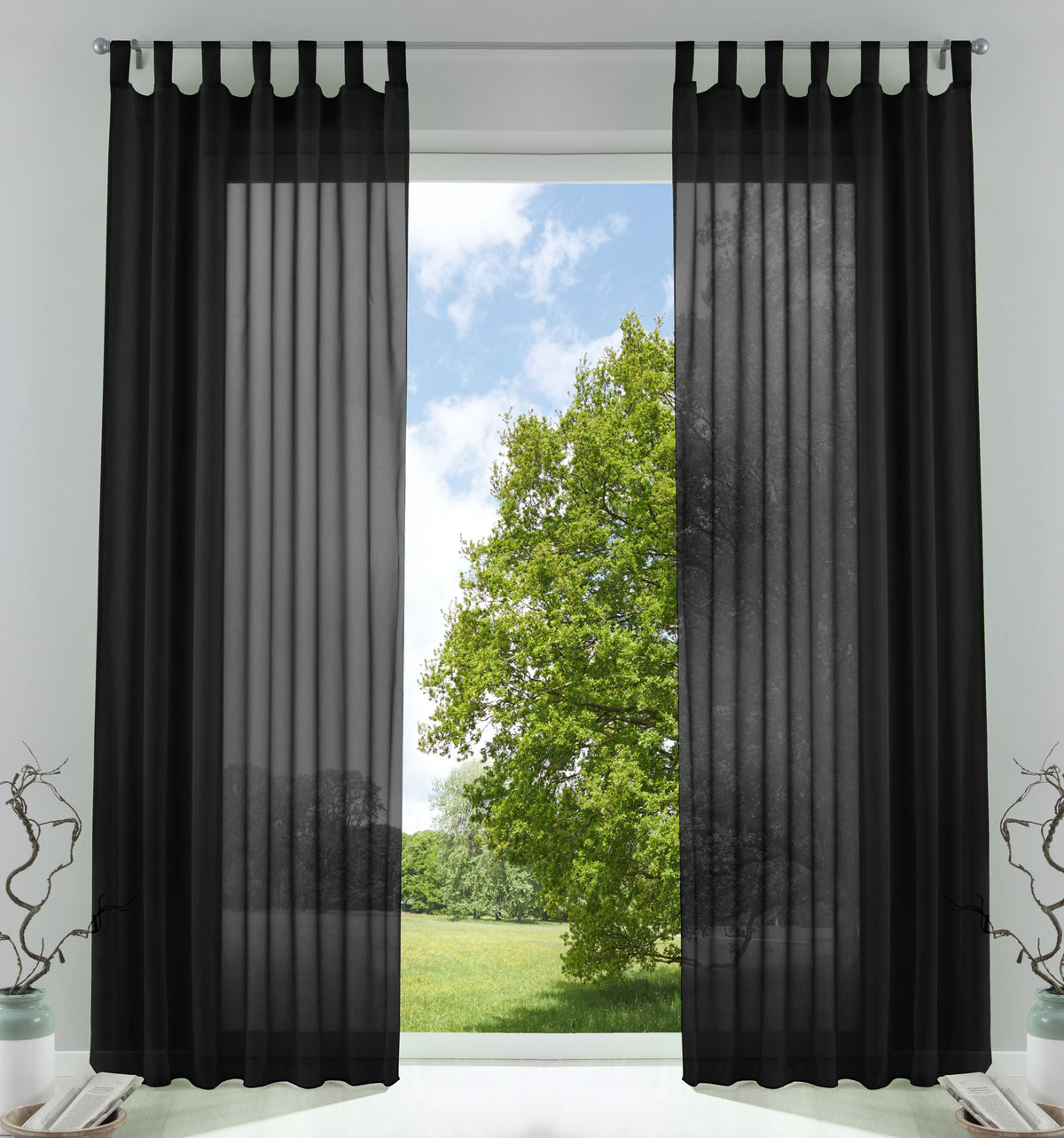 2er-Pack Gardinen Transparent Vorhang Set Wohnzimmer Voile Schlaufenschal mit Bleibandabschluß 61000CN Schwarz HxB 245x140 cm Gardinen Set 61000CNschwarz | girdainenbox.com