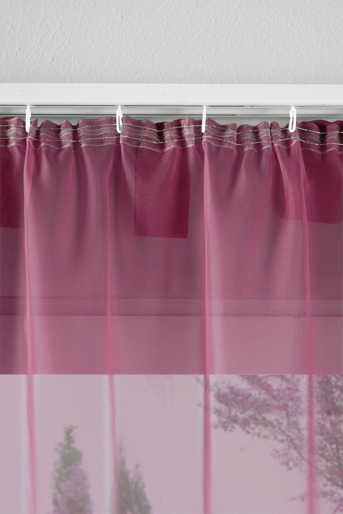 2er-Pack Gardinen Transparent Vorhang Set Wohnzimmer Voile Schlaufenschal mit Bleibandabschluß 61000CN Gardinen Set 61175_schiene_himbeere | girdainenbox.com