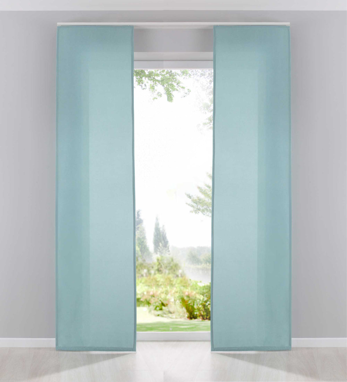 2er Pack Flächenvorhänge Schiebegardinen komplett Set Cationic blickdicht Leinen Optik natura seidenmatt Landhaus Stil 204411-2 Aqua Schiebegardine Fl_chenvorh_nge_aqua | girdainenbox.com