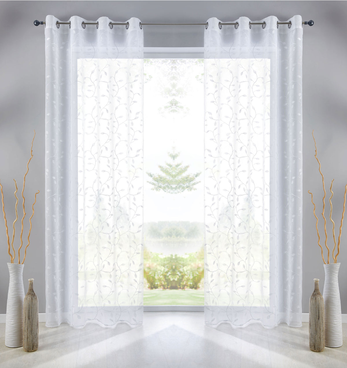 Gardine Ösen Schal Vorhang POMPEI Relief Stickerei Transparent Raffhalter 10000178 Blatt Weiß 2er-Pack HxB 225x140 cm Gardinenschal 10000178blatt_weiss-2_8518babf-7136-4baf-a77f-b6eb2610e439 | girdainenbox.com