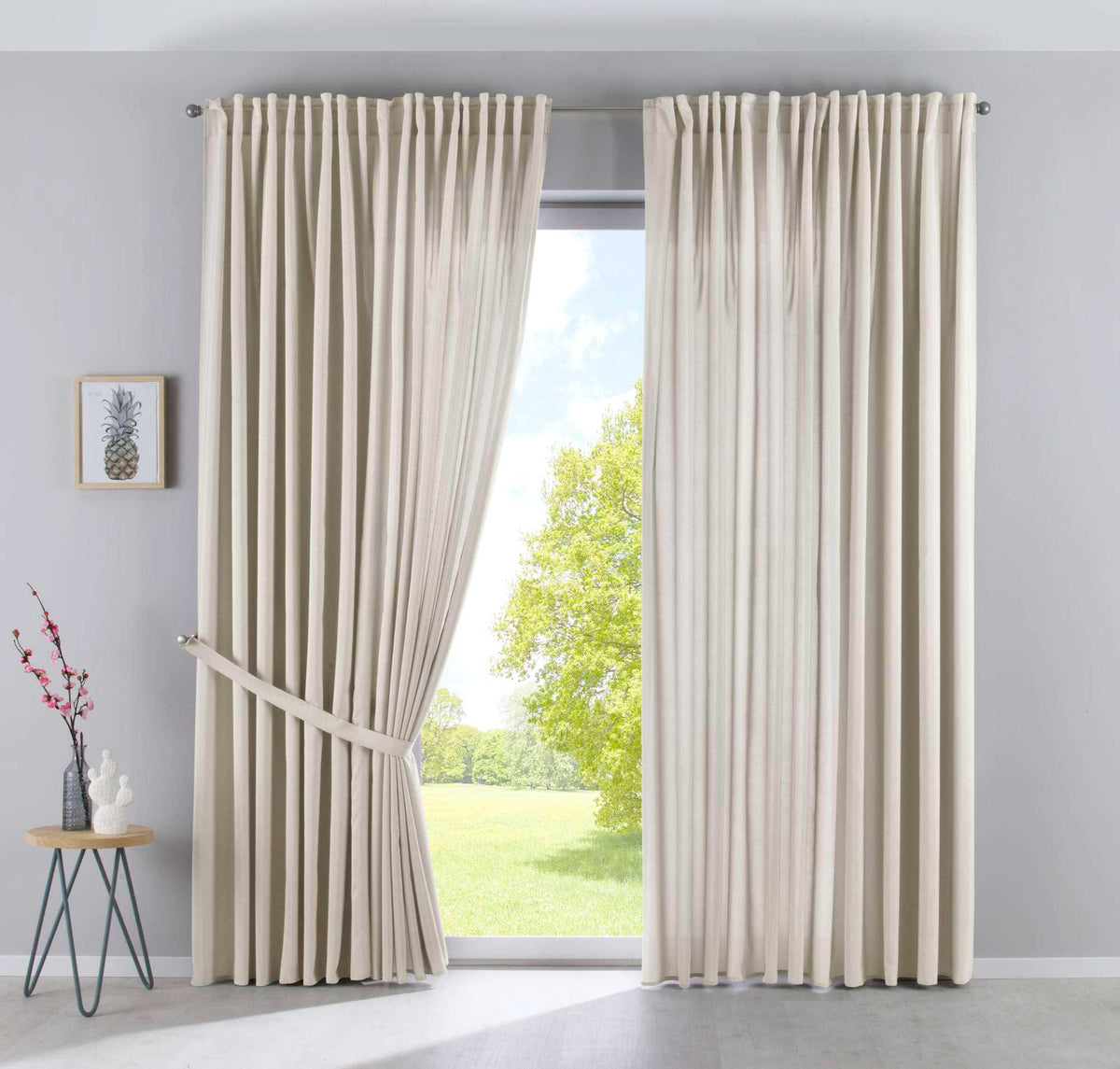 2er Set Vorhänge Verdeckte Schlaufen Cationic »JENA« Blickdicht Leinen Optik Gardinen Meliert Gardinenband mit Raffhalter 2019037-2 Sand HxB 250x300 cm Vorhang Set 2019037-2sand-breit | girdainenbox.com