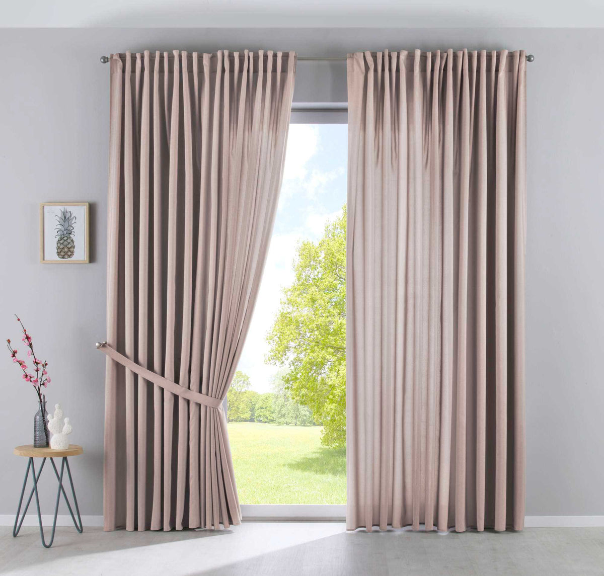 2er Set Vorhänge Verdeckte Schlaufen Cationic »JENA« Blickdicht Leinen Optik Gardinen Meliert Gardinenband mit Raffhalter 2019037-2 Taupe HxB 250x300 cm Vorhang Set 2019037-2taupe-breit | girdainenbox.com