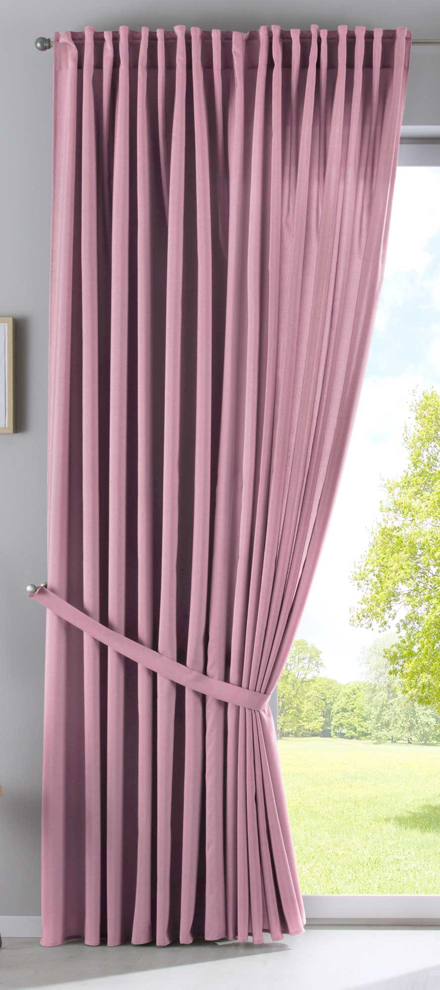 2er Set Vorhänge Verdeckte Schlaufen Cationic »JENA« Blickdicht Leinen Optik Gardinen Meliert Gardinenband mit Raffhalter 2019037-2 Vorhang Set 2019037_doppel_v2_rosa | girdainenbox.com