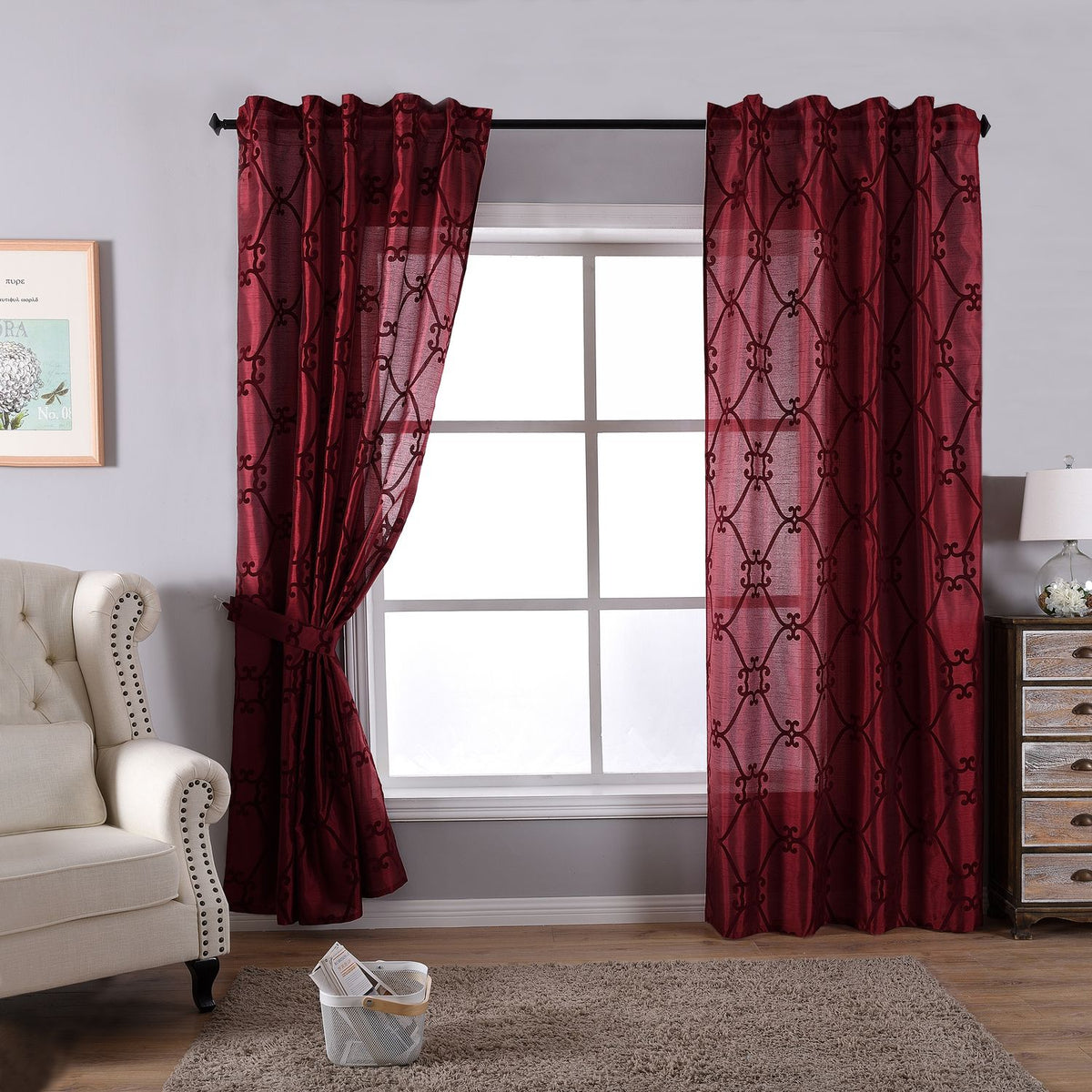 Vorhang Wildseide Optik blickdicht Flockfasern Deko gemustert, blickdicht mit verdecktem Schlaufenband 20200-20210 Bordeaux Florentiner 2er Set HxB 245x140 cm Vorhang 20200-20210bordeaux_florentiner-2er | girdainenbox.com