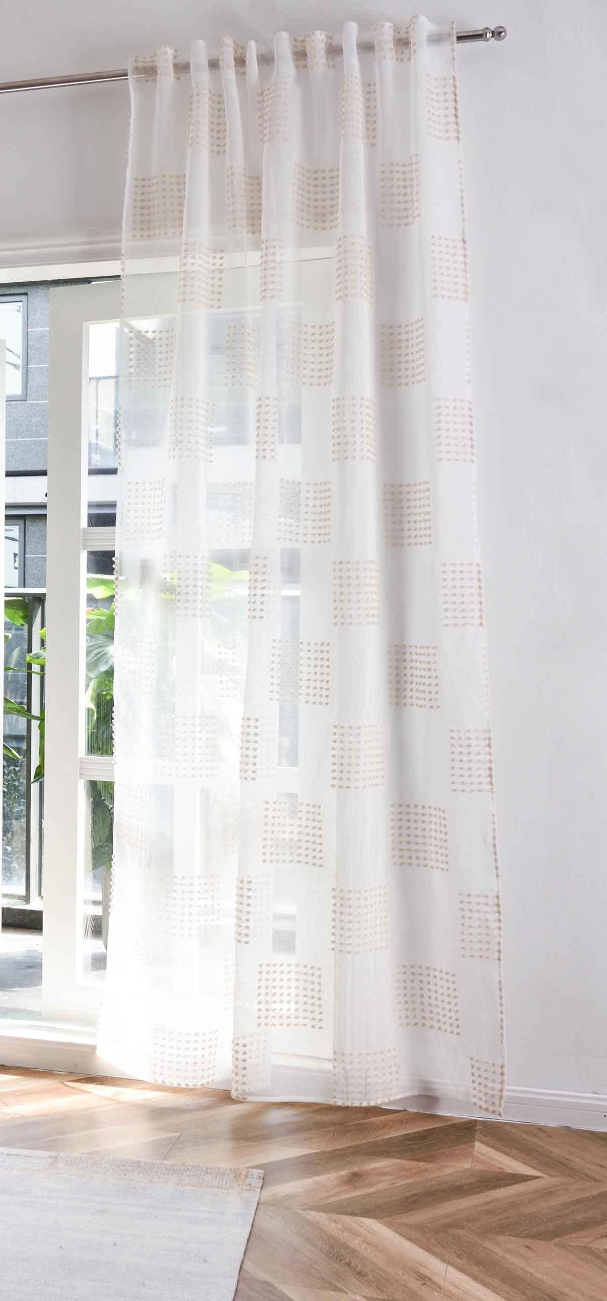 Gardine »VALENCIA« Multiband Aufhängung Scherli Transparent Leinen-Optik 2023400-408S Natur Taupe Geo Gardinenschal 2023400-408Snatur_taupe_geo | girdainenbox.com