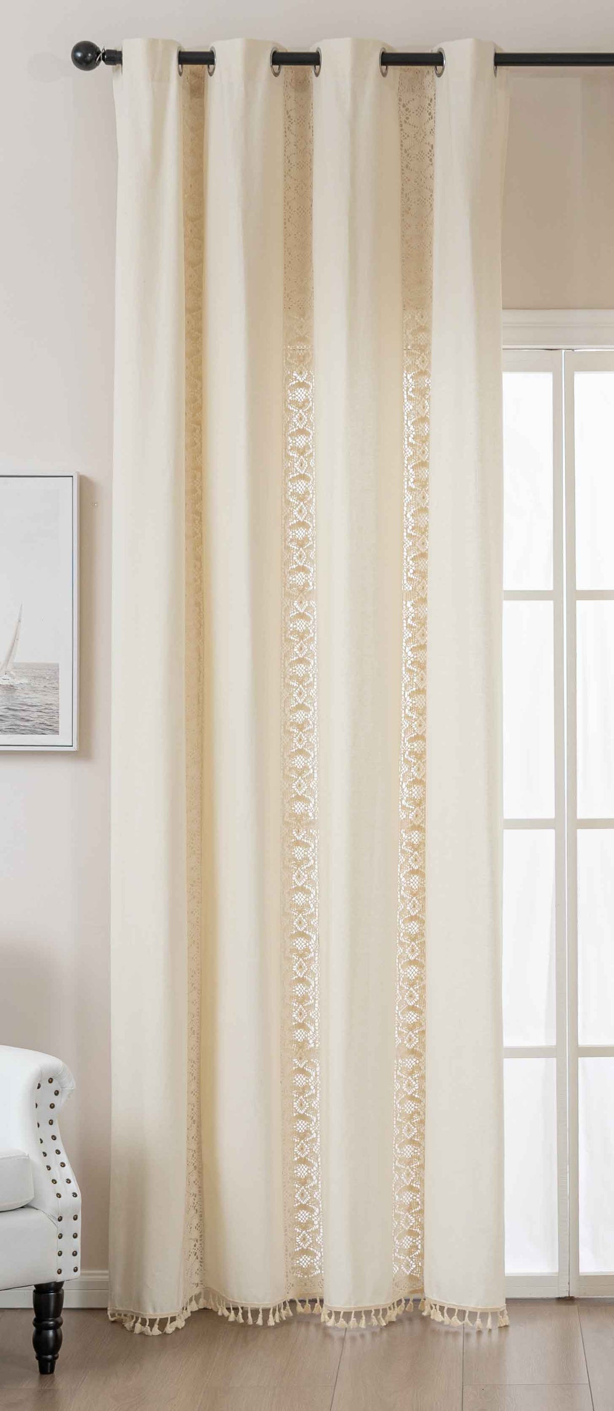 Vorhang Ösen »Osaka« HxB 245x140 cm Creme 100% Baumwolle Linenlook Makrameespitze Bommeln Raffhalter Gardinenschal 2024130creme | girdainenbox.com