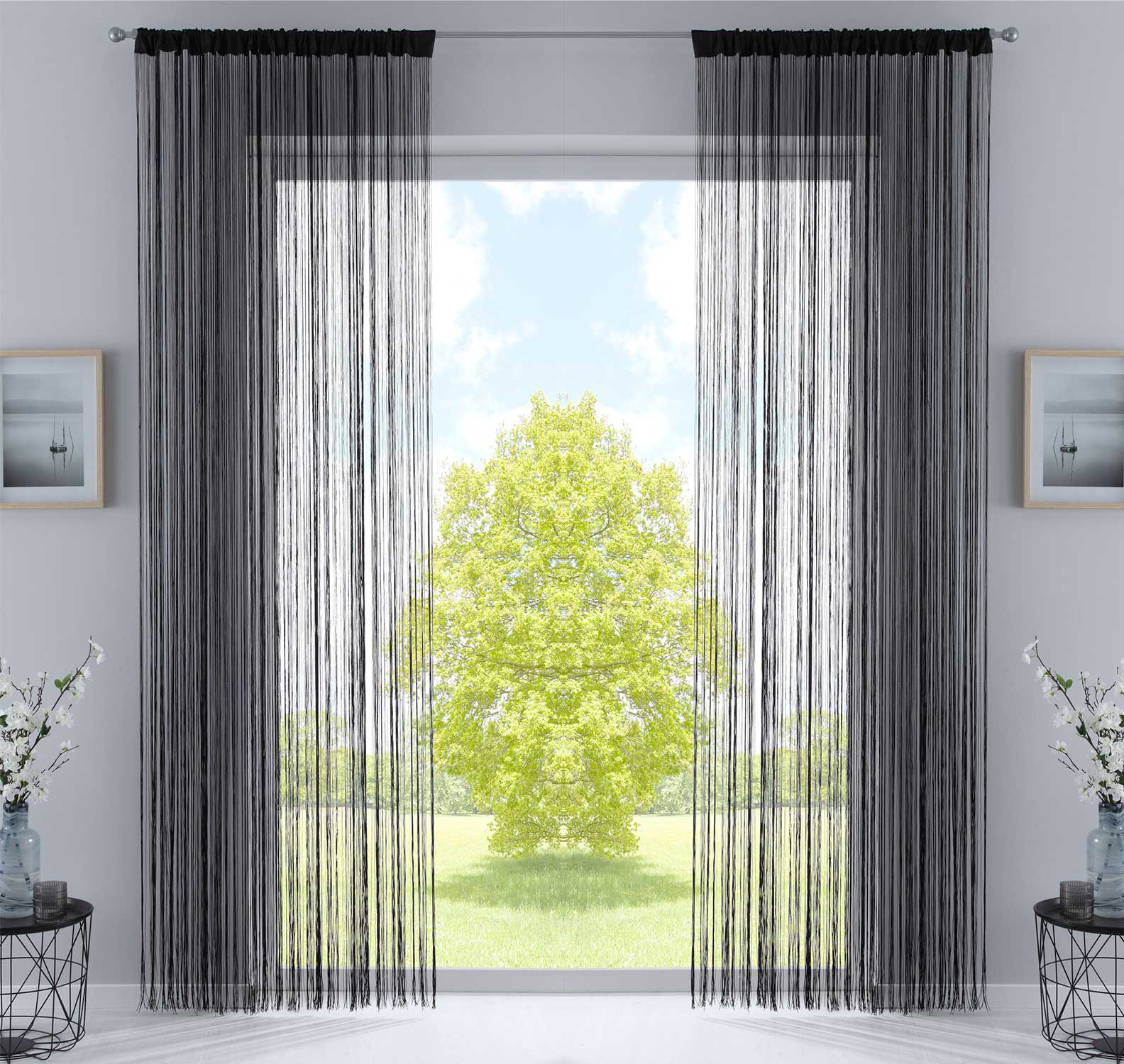 2er Set Fadengardine mit Tunneldurchzug und eingenähtem Kräuselband, geeignet für Gardinenstangen und Gardinenschienen Fadenvorhänge Fadenstores Raumteiler 20303CN2 Schwarz HxB 270x140 cm Fadengardine 20303CN2schwarz_11170628-6258-424f-b852-c141e9e44434 | girdainenbox.com