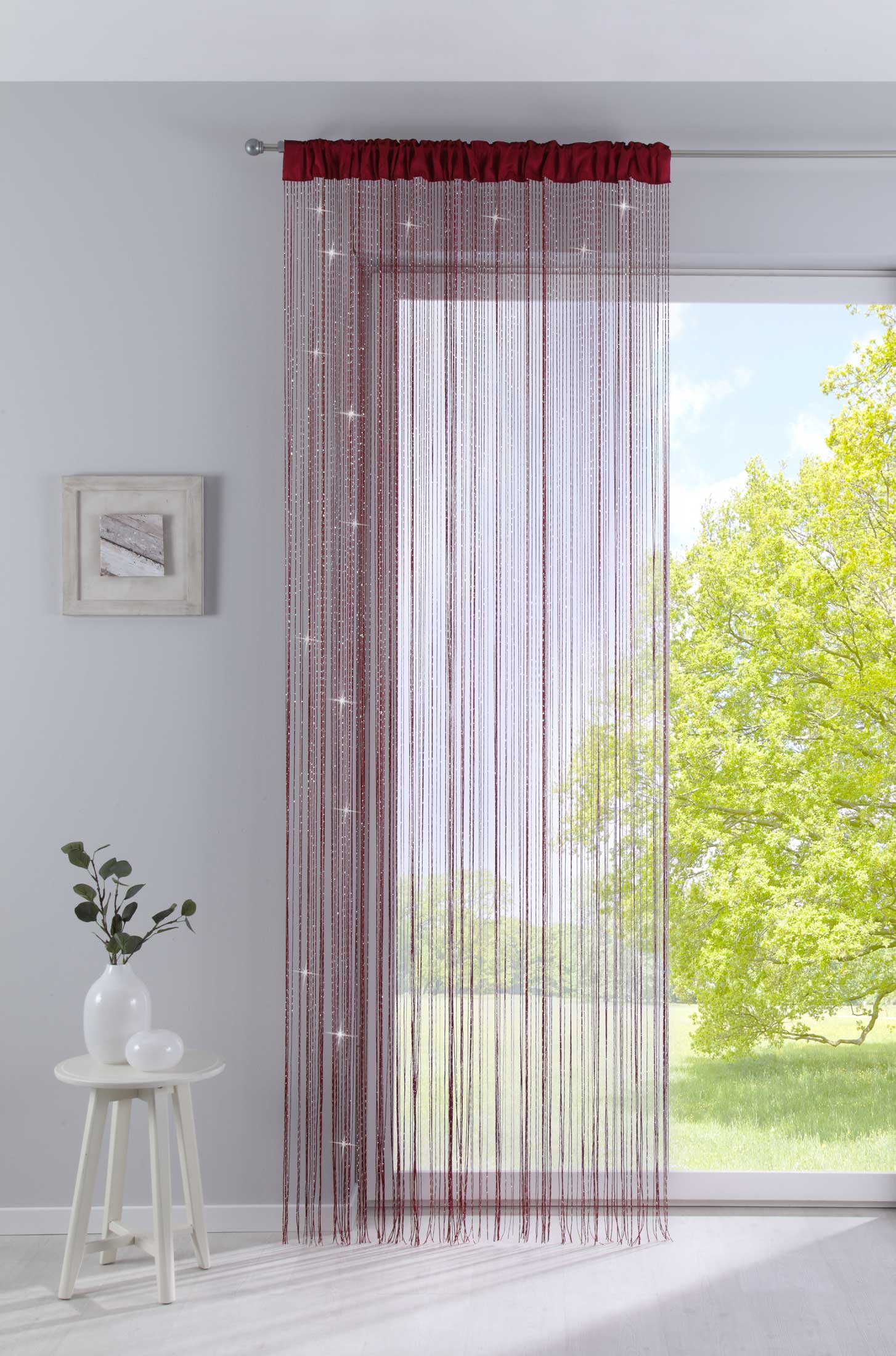 Fadengardine mit Tunneldurchzug und eingenähtem Kräuselband, geeignet für Gardinenstangen und Gardinenschienen Fadenvorhang Fadenstore Raumteiler 20303CN Bordeaux Lurex HxB 250x140 cm Fadengardine 20303CNbordeaux_lurex_d72bd448-750f-409d-976f-f758f3305444 | girdainenbox.com