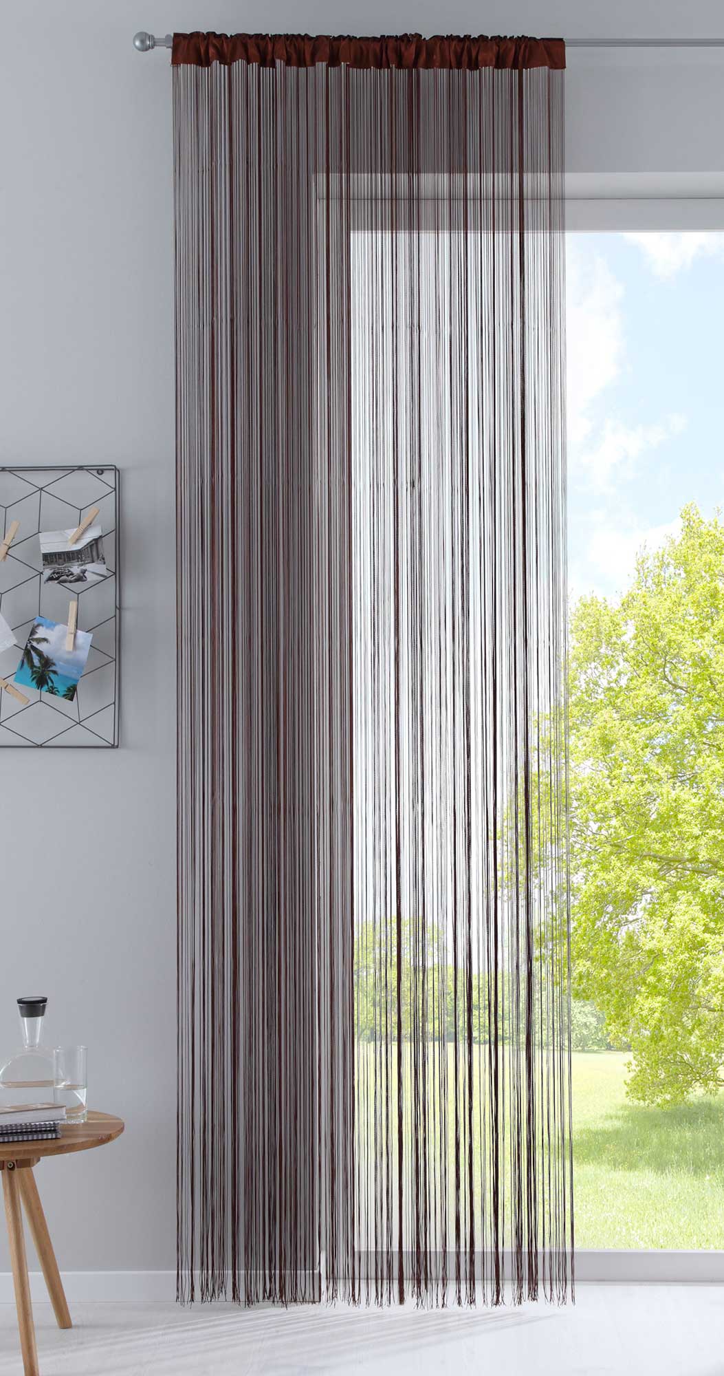 Fadengardine mit Tunneldurchzug und eingenähtem Kräuselband, geeignet für Gardinenstangen und Gardinenschienen Fadenvorhang Fadenstore Raumteiler 20303CN Fadengardine 20303CNbraun | girdainenbox.com