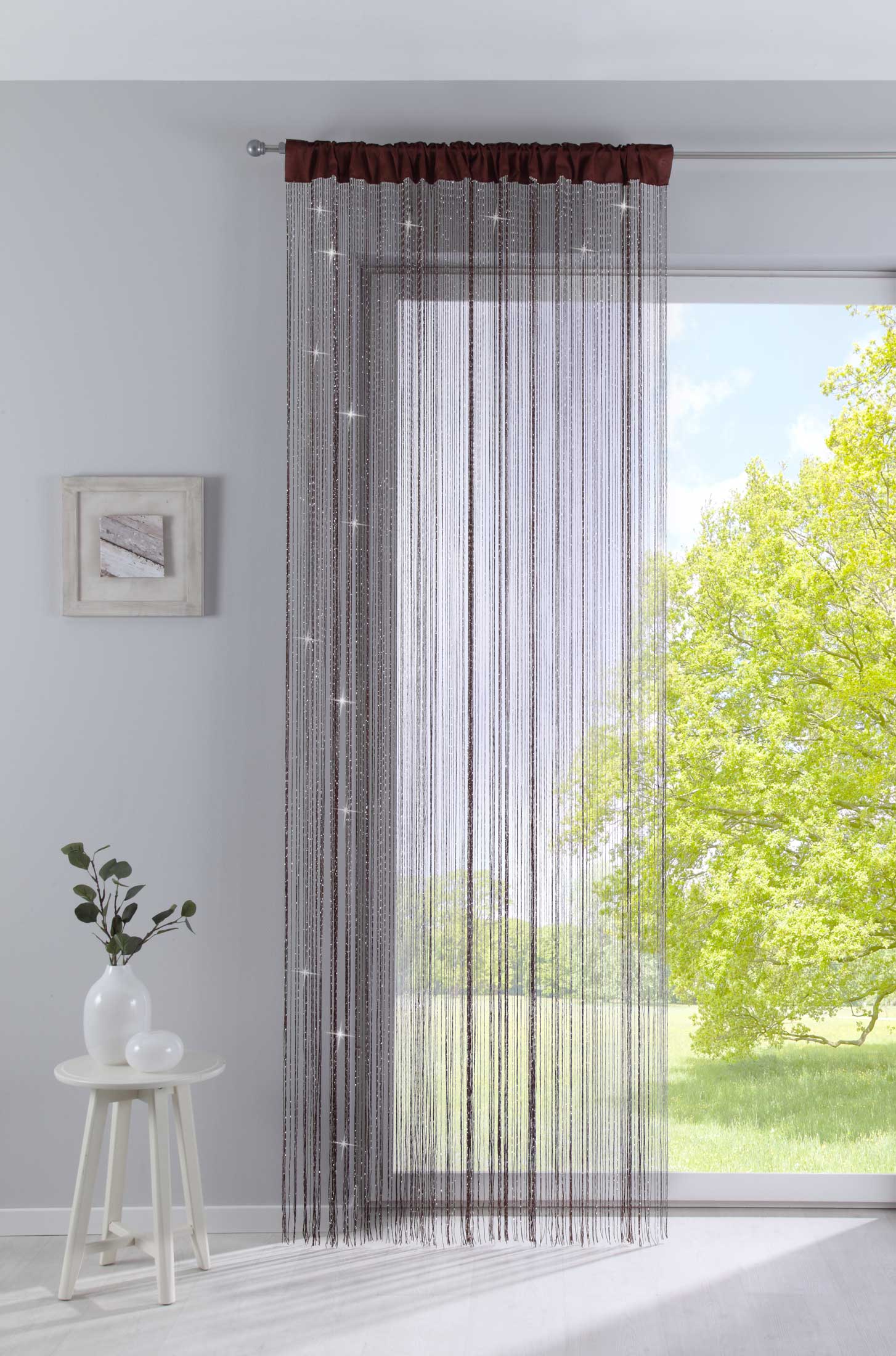 Fadengardine mit Tunneldurchzug und eingenähtem Kräuselband, geeignet für Gardinenstangen und Gardinenschienen Fadenvorhang Fadenstore Raumteiler 20303CN Braun Lurex HxB 250x140 cm Fadengardine 20303CNbraun_lurex_a32e0771-be9c-4efa-a177-b04fe917aacd | girdainenbox.com
