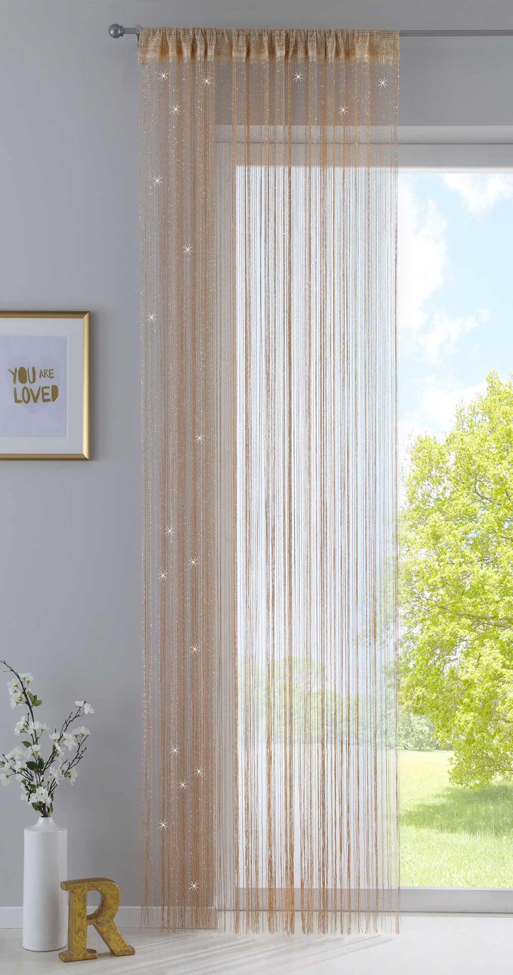 Fadengardine mit Tunneldurchzug und eingenähtem Kräuselband, geeignet für Gardinenstangen und Gardinenschienen Fadenvorhang Fadenstore Raumteiler 20303CN Gold Lurex HxB 270x140 cm Fadengardine 20303CNgold_lurex_98201ff4-3f66-4928-aadb-e3d119695159 | girdainenbox.com