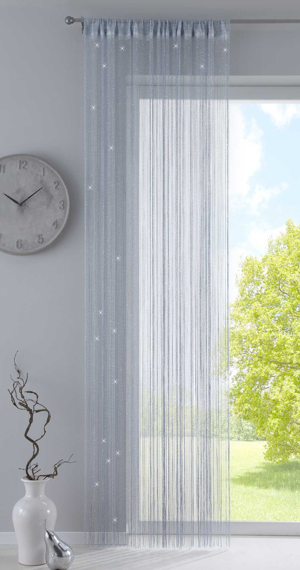 Fadengardine mit Tunneldurchzug und eingenähtem Kräuselband, geeignet für Gardinenstangen und Gardinenschienen Fadenvorhang Fadenstore Raumteiler 20303CN Silber Lurex HxB 250x90 cm Fadengardine 20303CNsilber_lurex_39a2a710-35a5-401b-ad5d-db9dda27d430 | girdainenbox.com