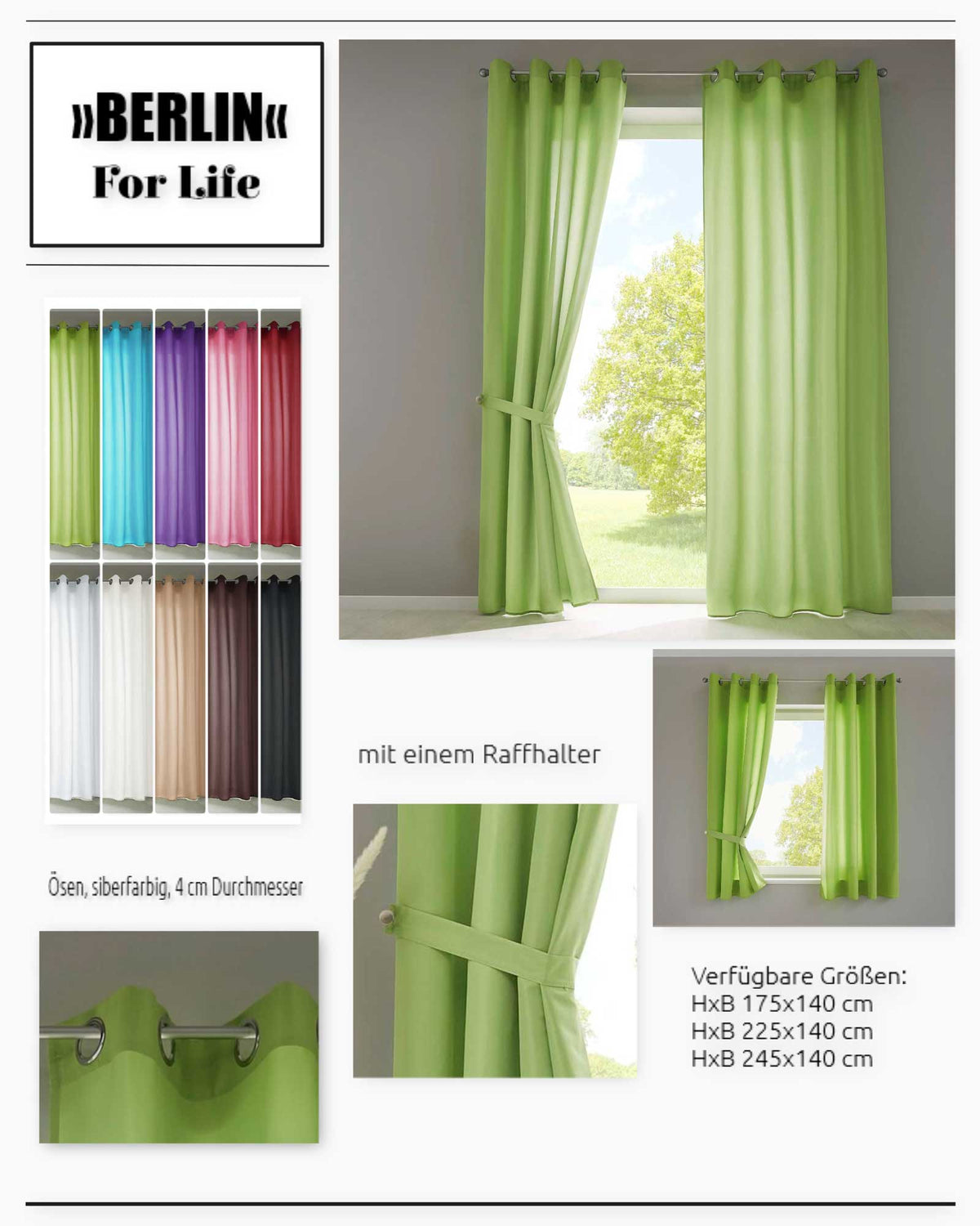 1er Set Vorhänge Schal Ösen »Berlin« Microsatin Lichtdurchlässig Uni Matt 20405N Vorhang 20405Nvar | girdainenbox.com
