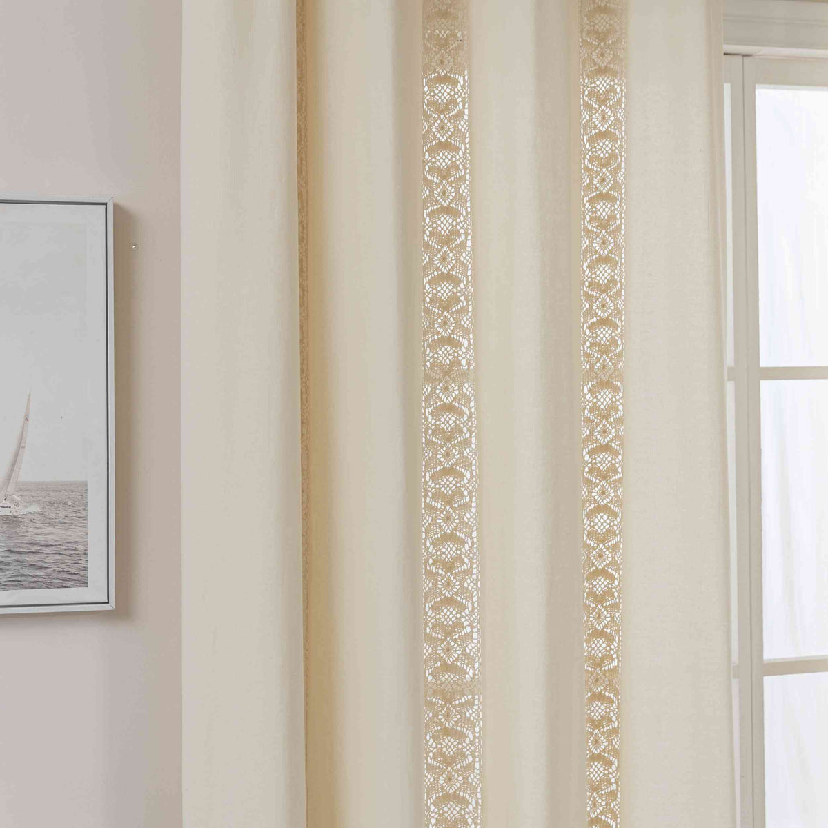 Vorhang Ösen »Osaka« HxB 245x140 cm Creme 100% Baumwolle Linenlook Makrameespitze Bommeln Raffhalter Gardinenschal 3F3A7213 | girdainenbox.com