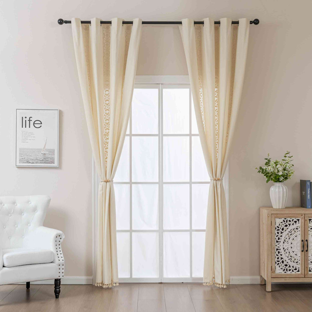 Vorhang Ösen »Osaka« HxB 245x140 cm Creme 100% Baumwolle Linenlook Makrameespitze Bommeln Raffhalter Gardinenschal 3F3A7254 | girdainenbox.com