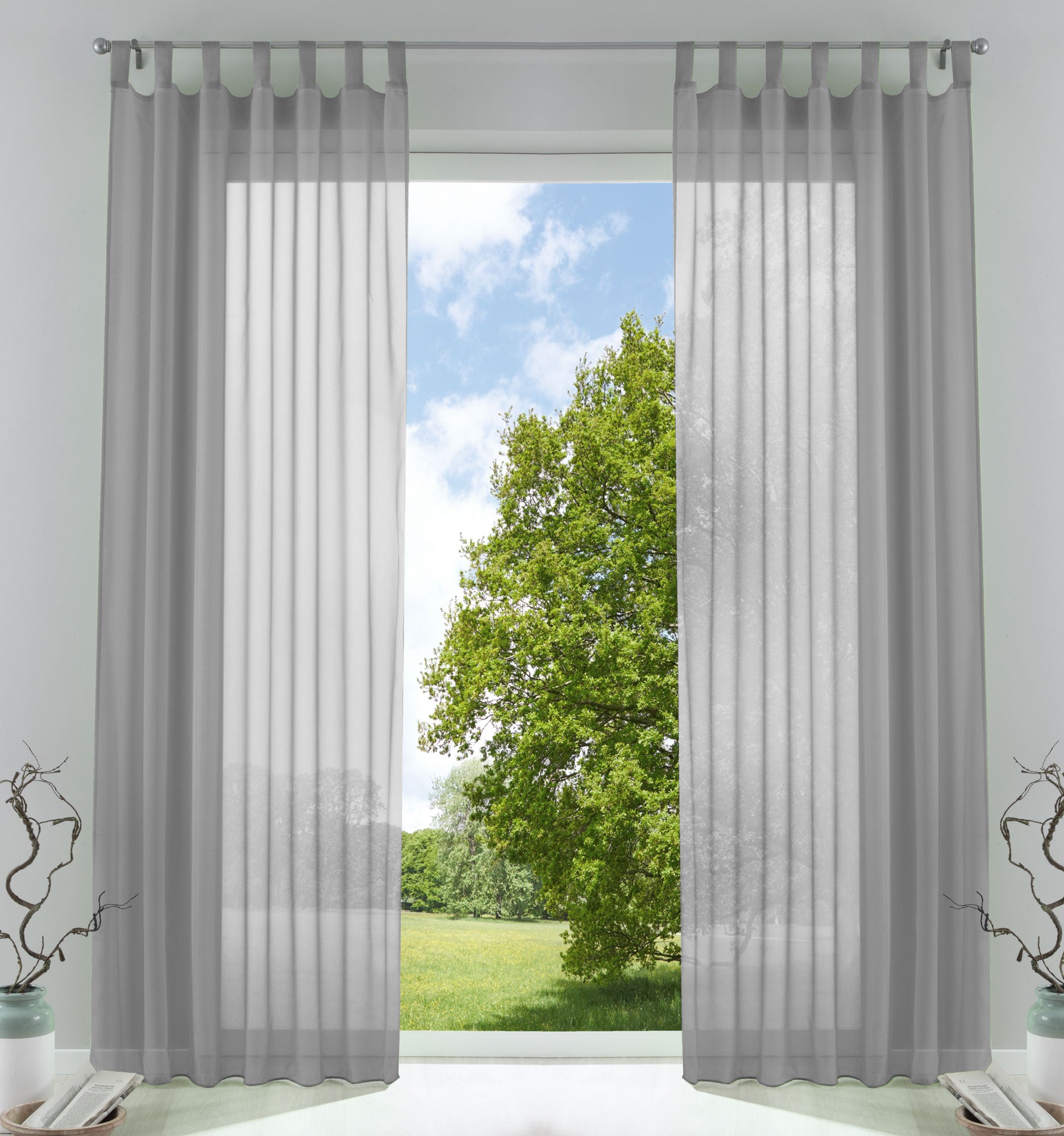 2er-Pack Gardinen Transparent Vorhang Set Wohnzimmer Voile Schlaufenschal mit Bleibandabschluß 61000CN Grau HxB 245x140 cm Gardinen Set 61000CNgrau | girdainenbox.com