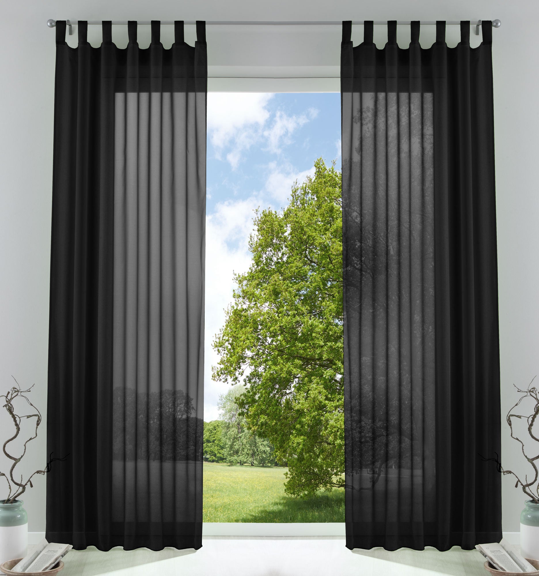 2er-Pack Gardinen Transparent Vorhang Set Wohnzimmer Voile Schlaufenschal mit Bleibandabschluß 61000CN Schwarz HxB 245x140 cm Gardinen Set 61000CNschwarz | girdainenbox.com