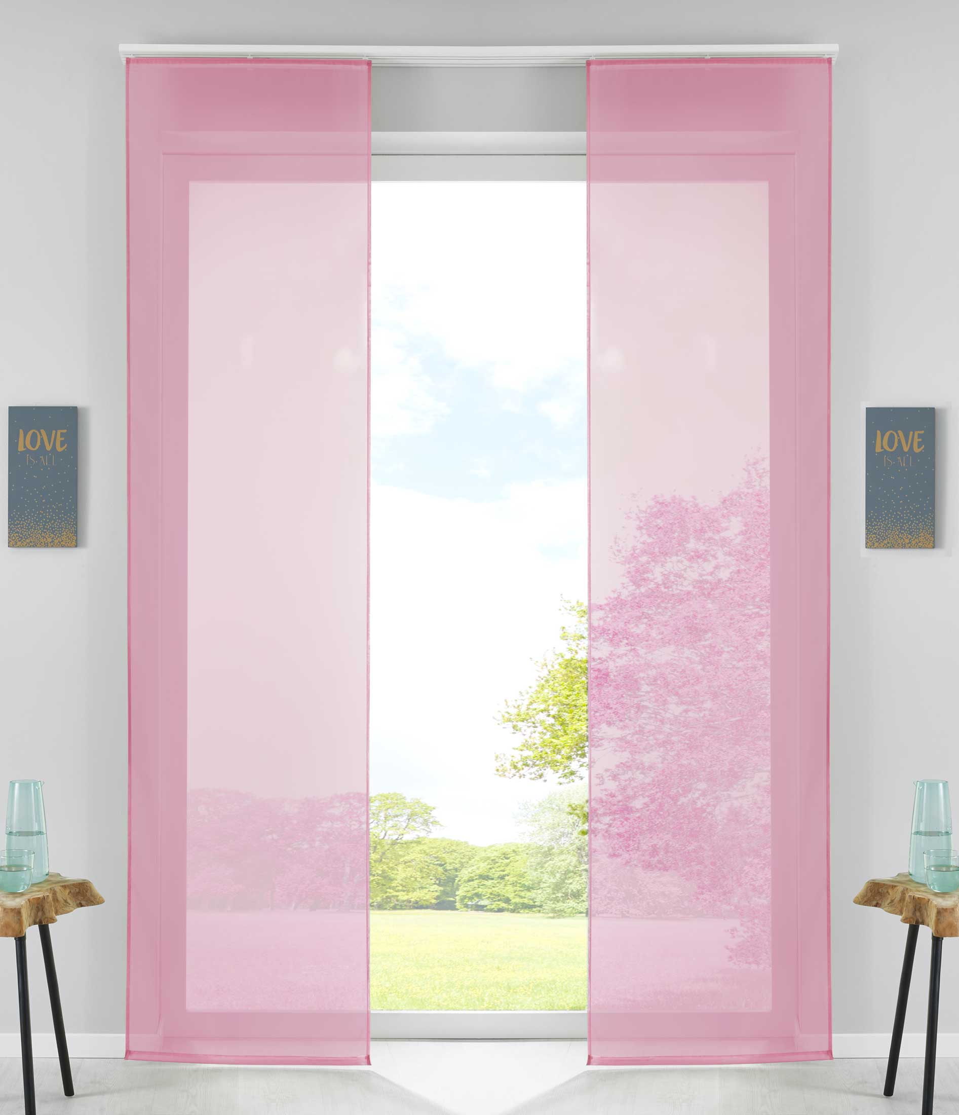 2er Set Schiebegardinen Flächenvorhänge Vorhang Gardine Schiebe Komplett mit Paneelwagen Beschwerungsstange 85589N2 Rosa Schiebegardine 85589N2rosa | girdainenbox.com