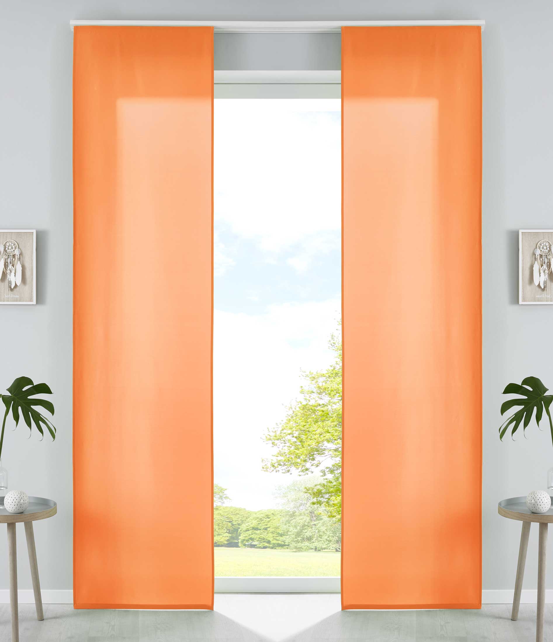 2er Set Schiebegardinen Flächenvorhänge Mikrofaser Vorhang Gardine Schiebe Matt Paneelwagen Beschwerungsstangen 85600N2 Orange Schiebegardine 85600N2orange | girdainenbox.com